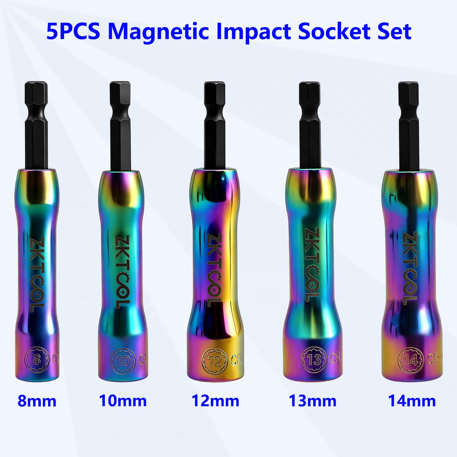 ZKTOOL 5 Pezzi Set di Bussole Magnetiche a Impatto | Adattatore per Bussola per Cacciavite con Attacco Esagonale da 1/4", Bussola da 8-14 mm con Molla Retrattile Integrata