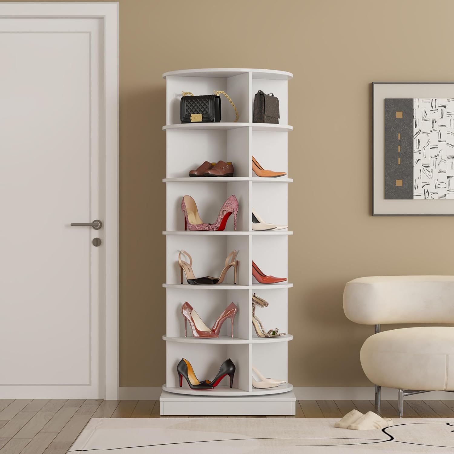 LLS Rotating Shoe Rack Tower, 6-Tier Spinning Shoe Rack, Free Standing 360° Revolving Shoe Organizer Can Hold 28 Pairs of Shoes Spinning Shoe Rack for Entryway Living Room Hallway, White