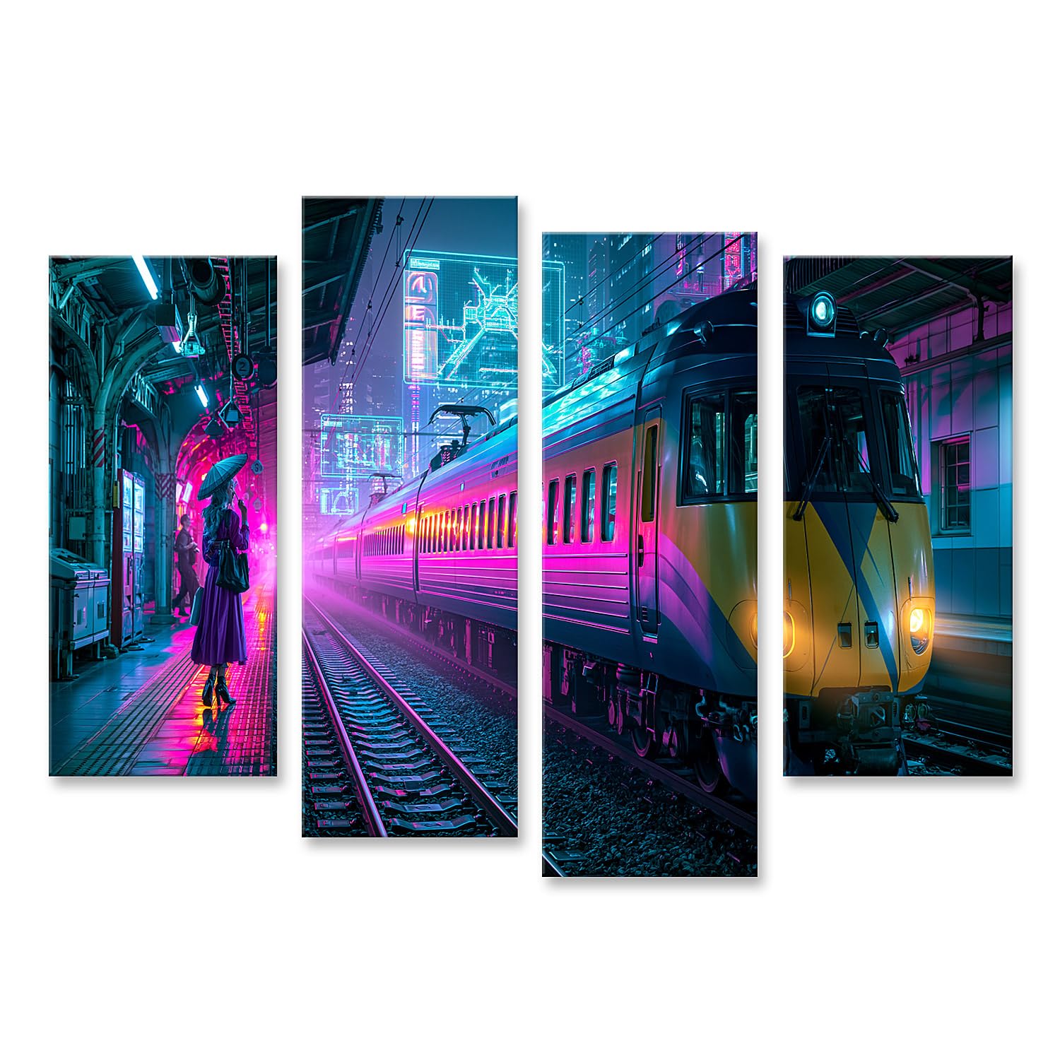 islandburner Quadro su tela, futuristico, stazione ferroviaria cyberpunk, da parete, per soggiorno, per appassionati di fantascienza, 4 pezzi