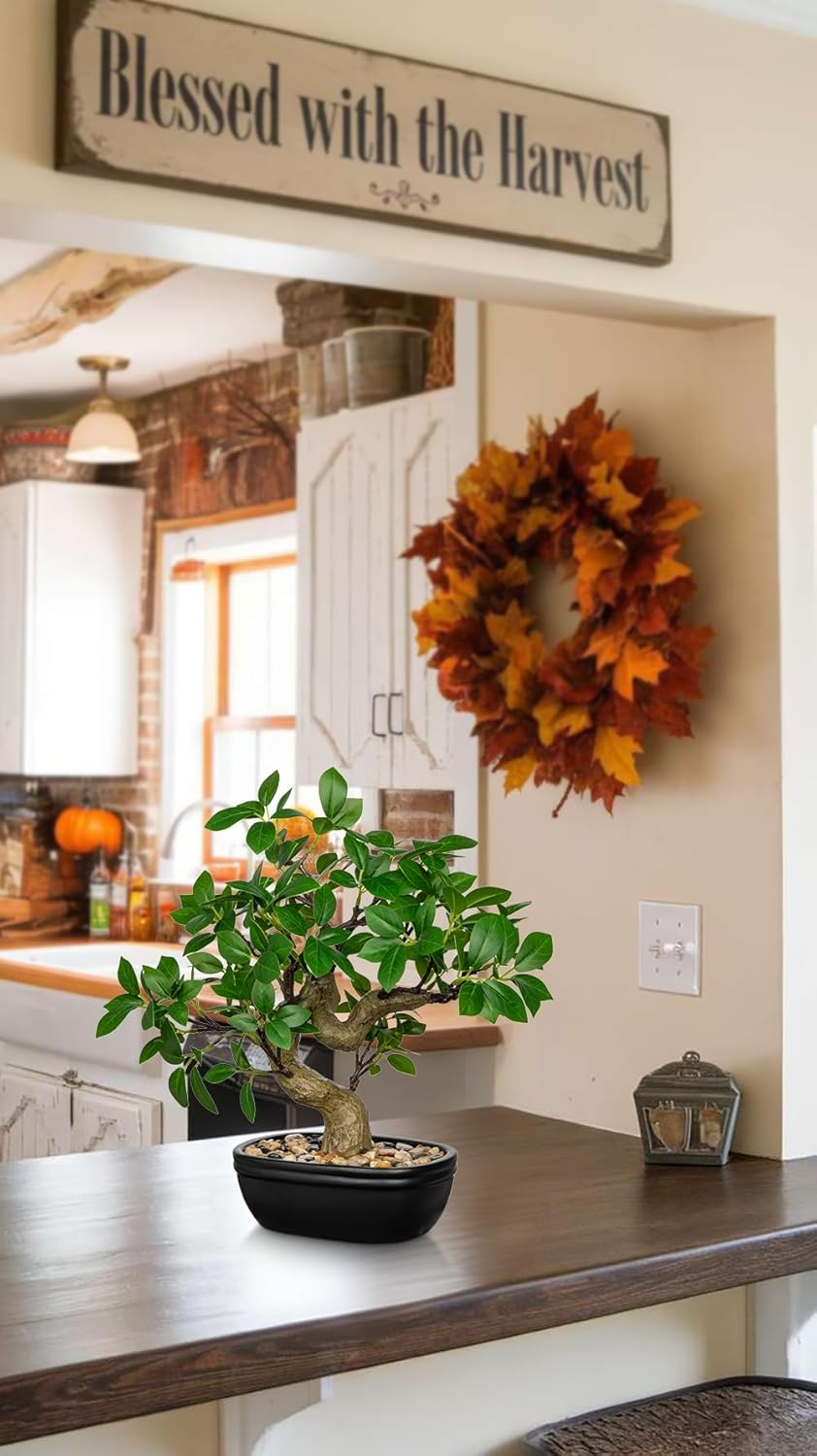 Artificial Bonsai Tree 12.9 Inch Faux Ficus Plant in Ceramic Pot with Pebbles Fake Green Potted Plant for Home Office Desk Decor Indoor Zen Table Centerpiece, Small Artificial Plants for Living Room