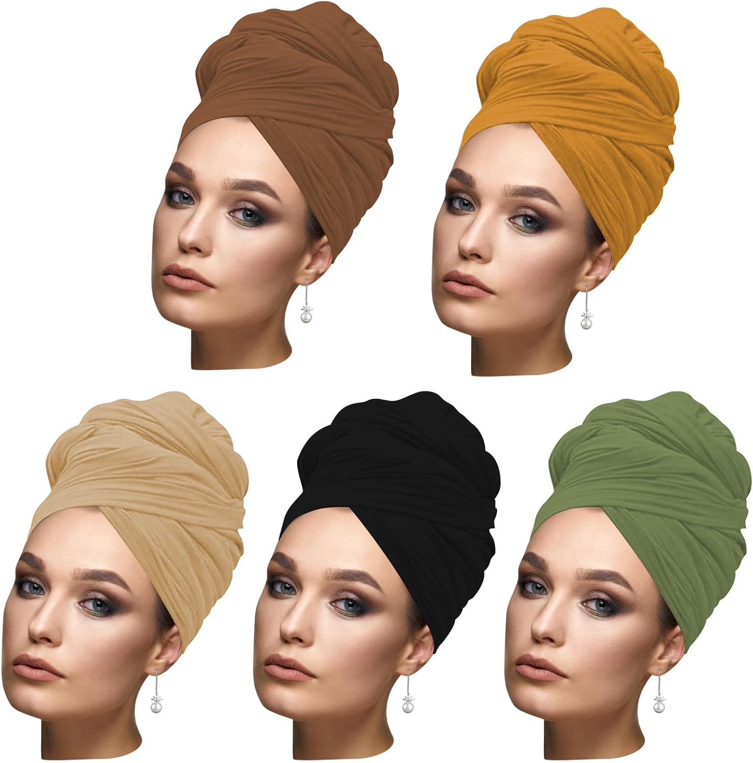 5PS Stretch African Head Wraps for Five-color set Women - Long Jersey Turban Headwraps, Head Scarf, Headbands (Black, brown, brown, green, yellow) - Image 8