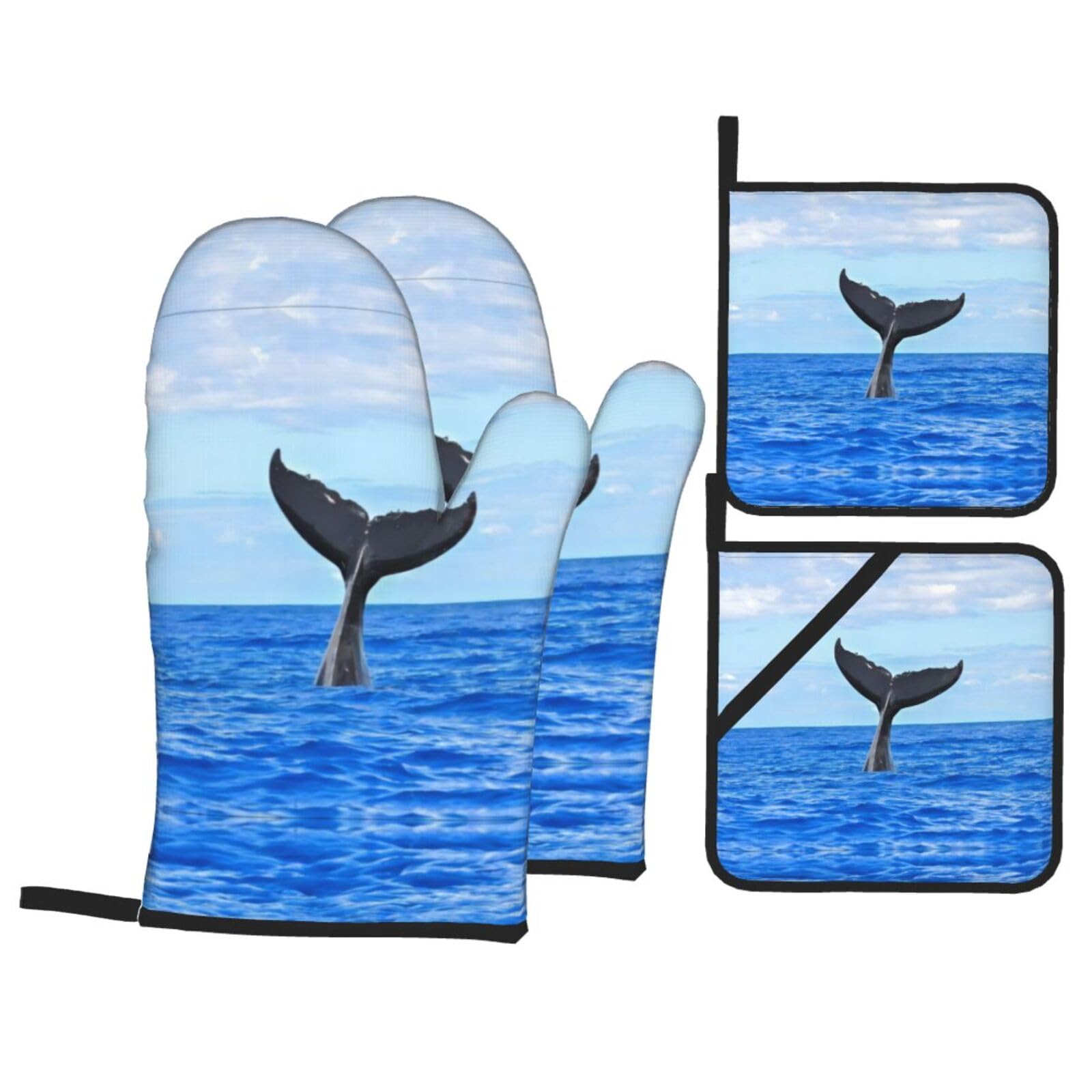 Whale Tail Printed Baking 4-Piece Set, includes oven mitts and a heat-resistant mat, suitable for oven and BBQ use