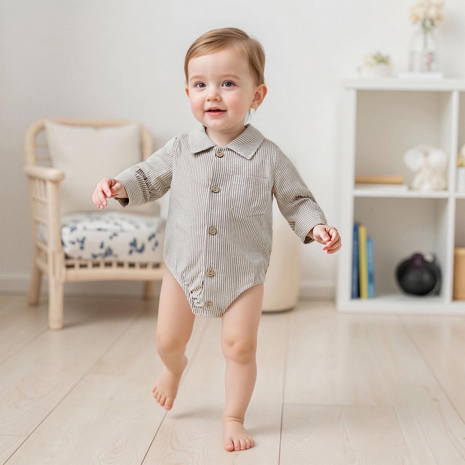 Sasaerucure Newborn Baby Boy Clothes Turndown Collar Striped Long/Short Sleeve Romper Button Up Jumpsuit Shirt Bodysuit - Image 3
