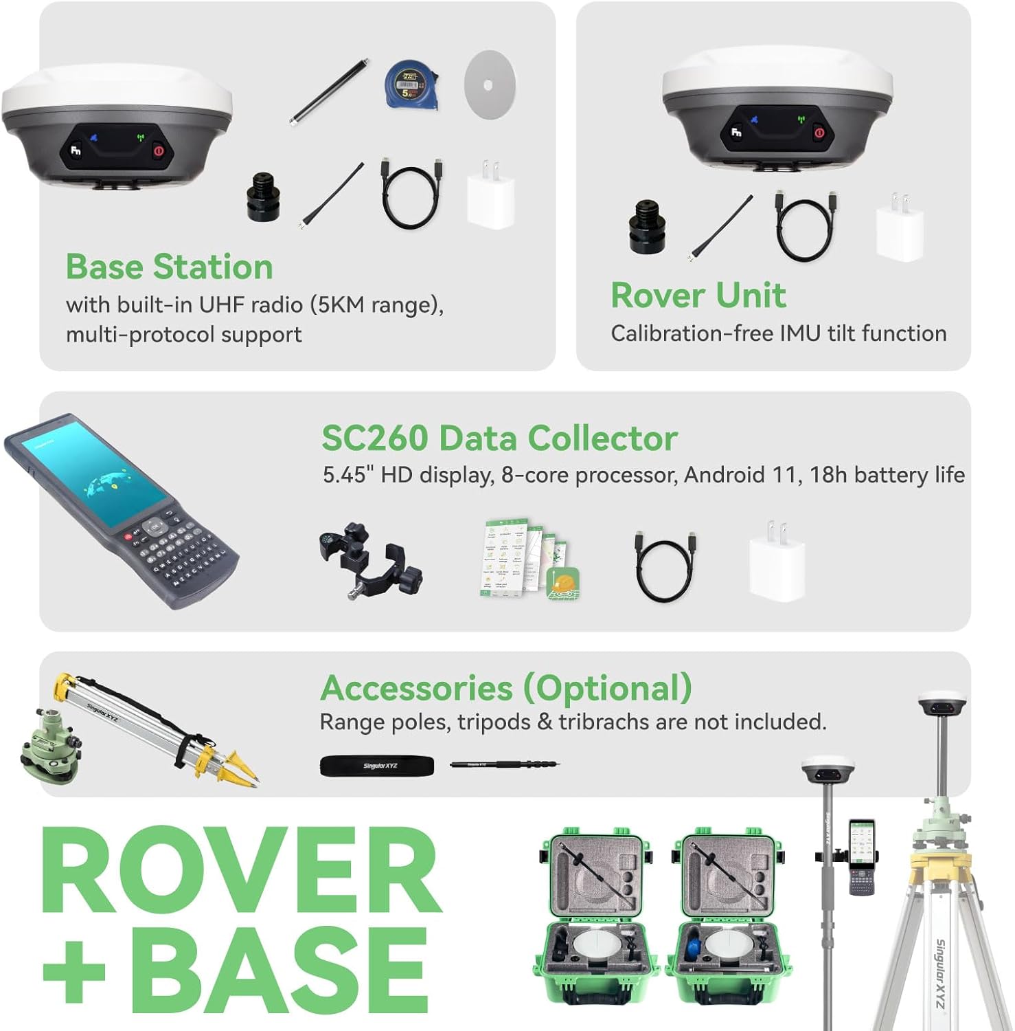 E1 Lite GNSS RTK Surveying Equipment, RTK GNSS GPS with IMU Rover & Base, GPS RTK Handheld Collector with Software, 1cm Accuracy, 1408 Channels, 60° Tilt Survey, 10-15km UHF Range