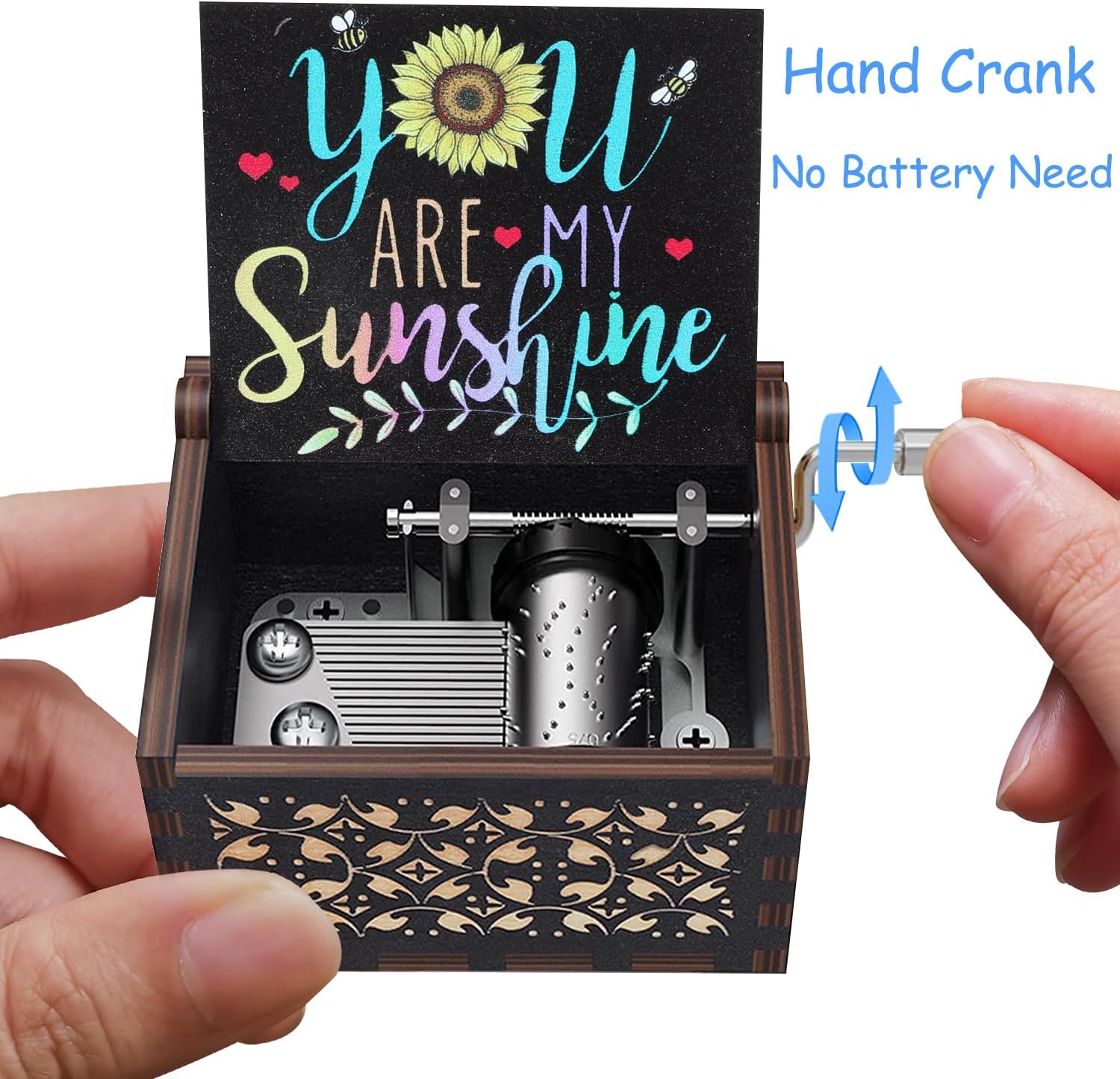 Huntmic You are My Sunshine Music Boxes,Sunflower Hand Crank Wood Musical Boxes,Black Vintage Music Box Gift for Birthday/Christmas/Valentine's Day/Anniversary (Black-B)