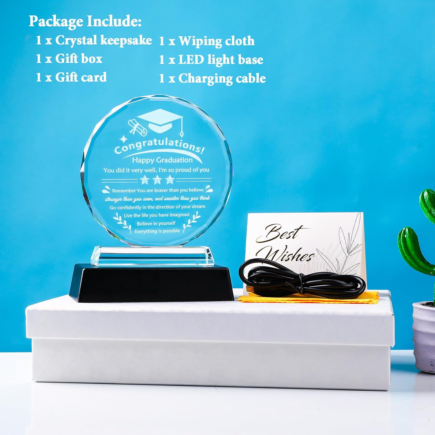 YWHL Graduation Gifts for Her Him 2025, Inspirational High School College Masters Degree Graduation Gifts for Women Men, Crystal Keepsake Graduation Plaque with Colorful Led Base for Daughter Son