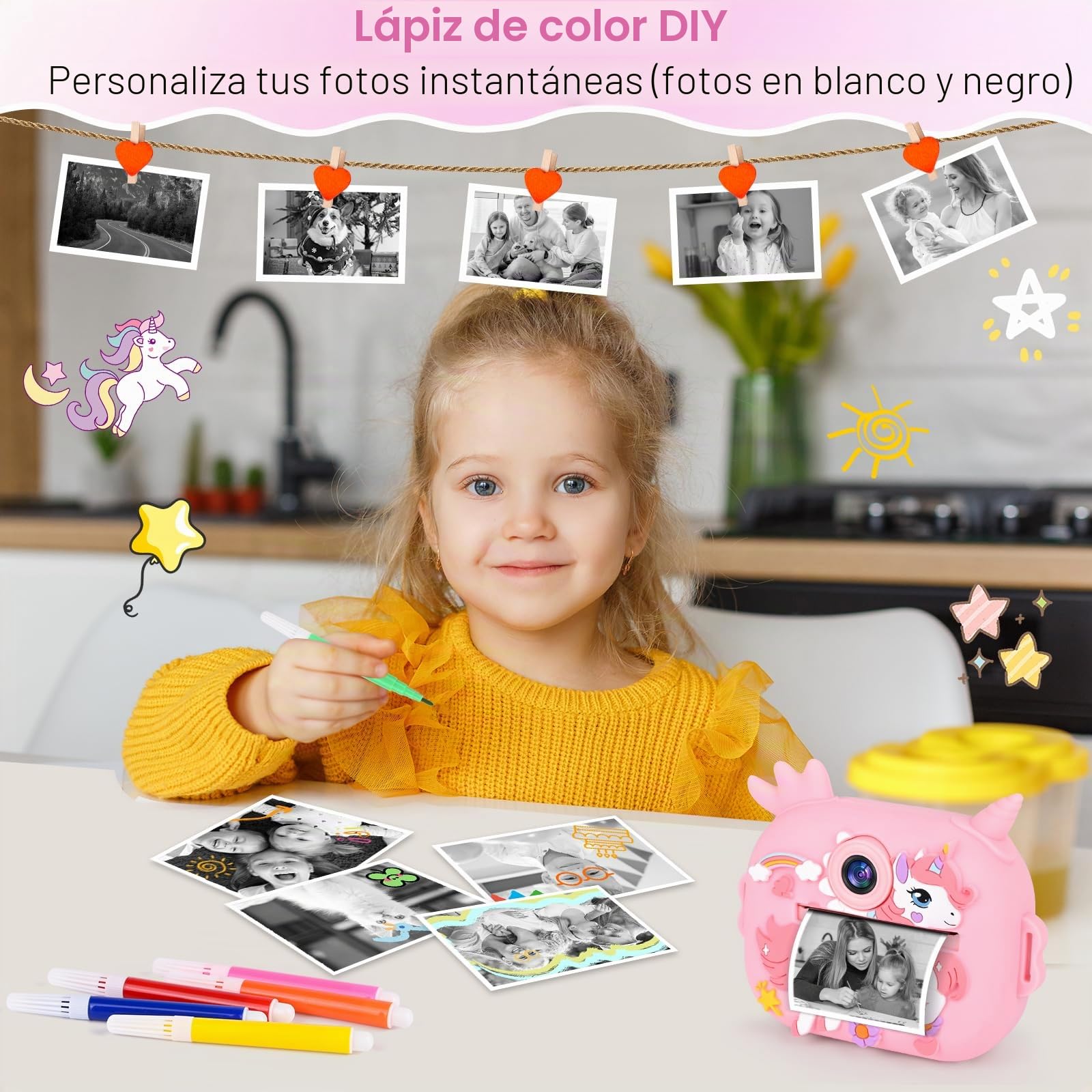 Camara Fotos Infantil Instantanea, Ambesty Camara Fotos Infantil, 2.4" HD Cámara Instantánea con Tarjeta 32GB y Papel de Impresión, 1080P HD Video Cámara, Regalos para Niños y Niñas de 3-12 (Rosa)