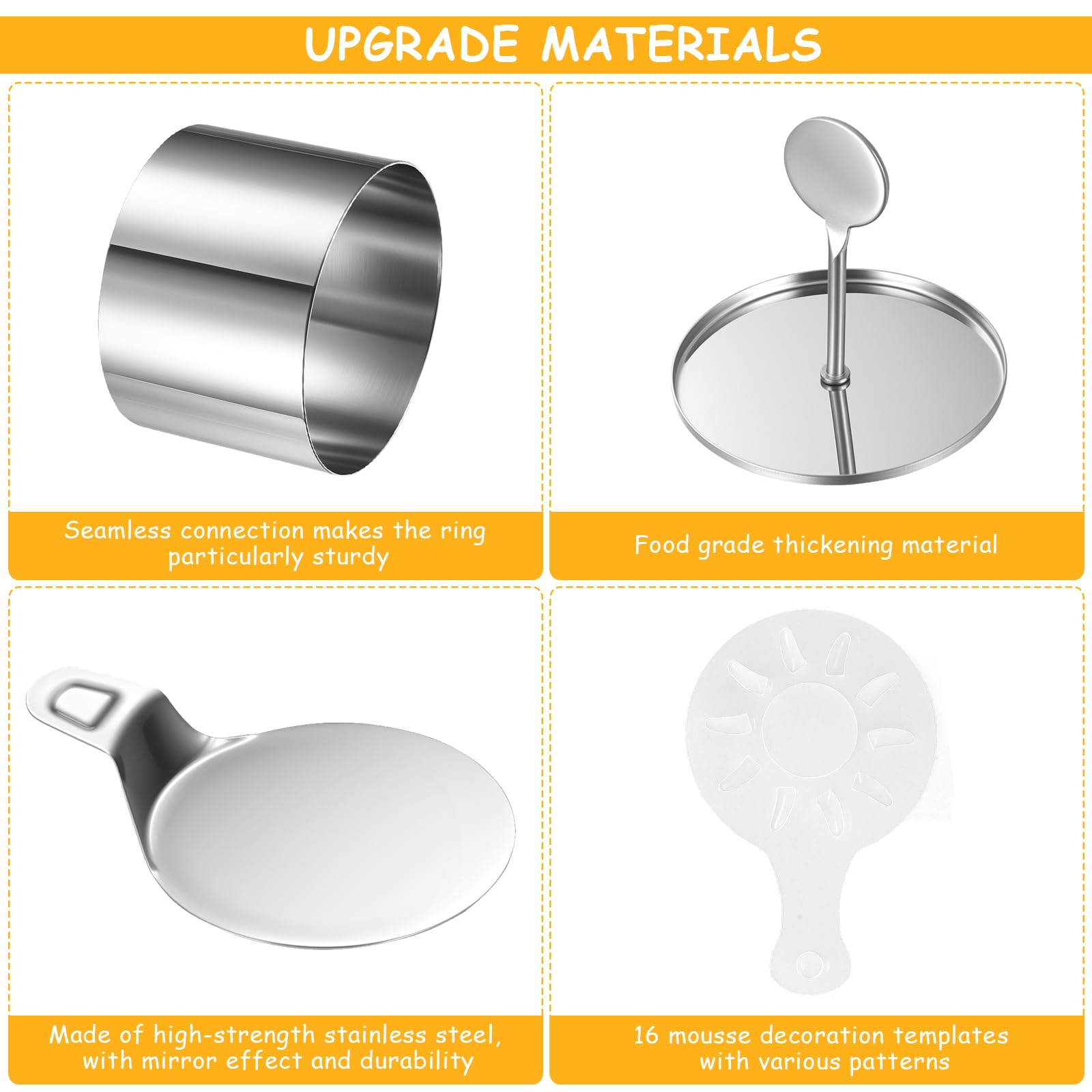 Set di 8 anelli da dessert e fedi nuziali, in acciaio inox, diametro 7,5 cm, con coperchio, base e stencil, forma rotonda per tortine