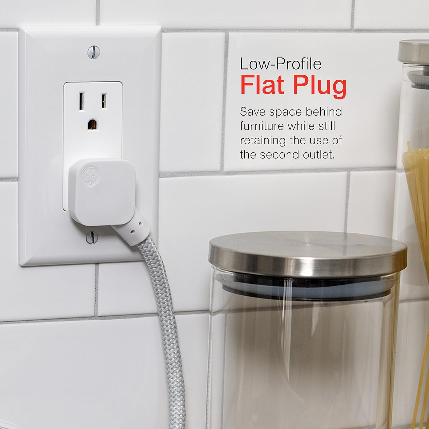 GE 3-Outlet Power Strip 5 Inch Braided Extension Cord with Multiple Outlets Grounded Flat Plug ETL Listed White 45190