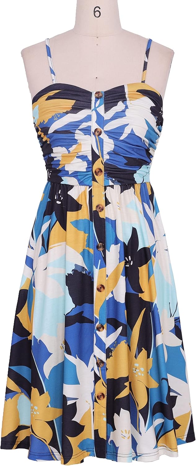 Women's Summer Casual Dress Florals Buttons Down Ruched Sweetheart Neck Sleeveless Midi Sundress - Image 3