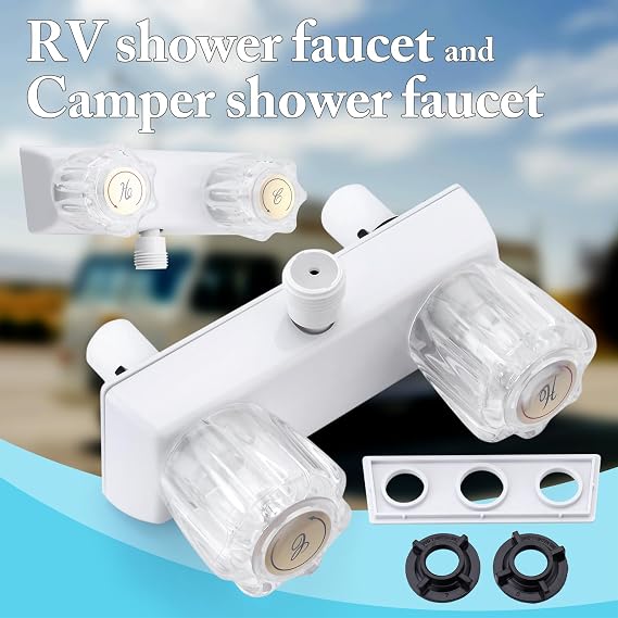 Full White RV Camper Shower Faucet, 4 Faucet Shower Valve Kit with Dual Acrylic Knobs for Indoor and Outdoor Use