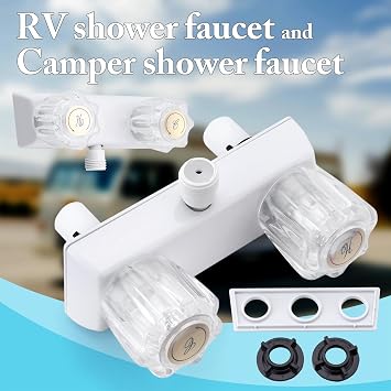 Full White RV Camper Shower Faucet, 4 Faucet Shower Valve Kit with Dual Acrylic Knobs for Indoor and Outdoor Use