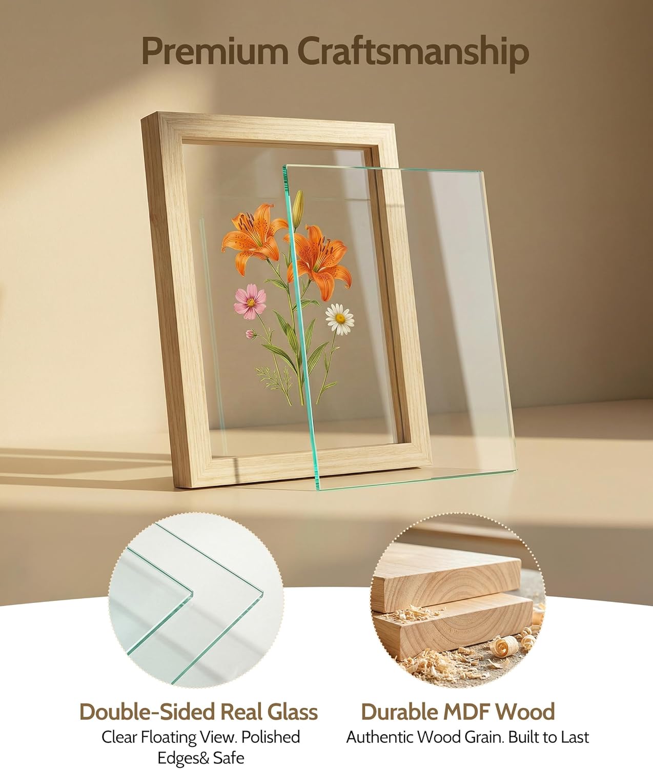 Sonefreiy Floating Picture Frames 8x10 Set of 2, Wooden Photo Frame Double Glass Pressed Flower Frames 5x7 Wall and Tabletop Display Gift for Family Friends Wedding