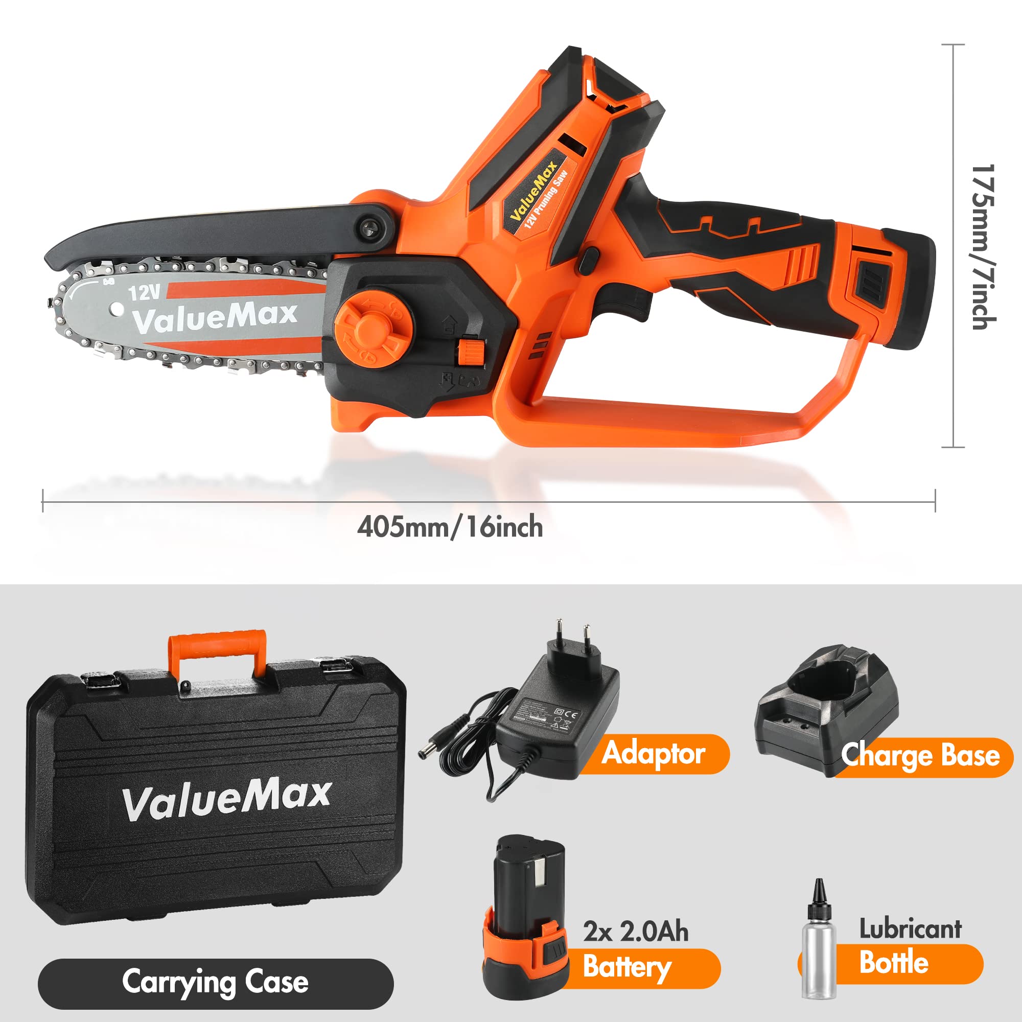 ValueMax Mini Motosega a Batteria 12V, Motosega Elettrica Portatile Senza Filo 11cm (4 Pollici), Sega per Potatura con Caricatore, 2 Batterie da 2,0Ah e Custodia in Plastica Portatile