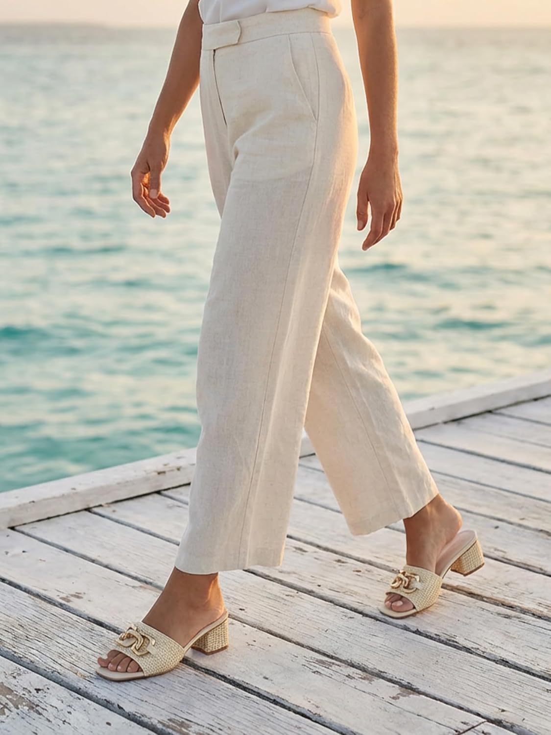 Women's Raffia Slide Sandals Square Open Toe Sandal Chunky Heeled Metal Chain Dressy Shoes - Image 3