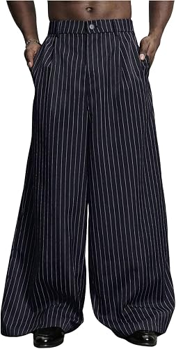 OYOANGLE Men's Striped Wide Leg Pleated Pants Zipper Fly Baggy Dress Trousers St