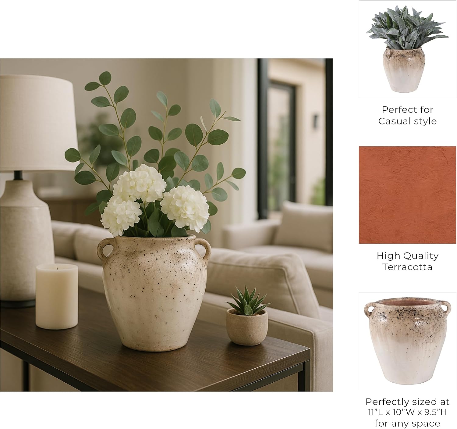 Textured Rustic Terracotta Vase with Handles Design - Perfect Flower Vase for Living Room, Bedroom, Office, and Room Decor - Ideal for House Display, Home Accent, and Table Decor - 10", Ivory & Brown