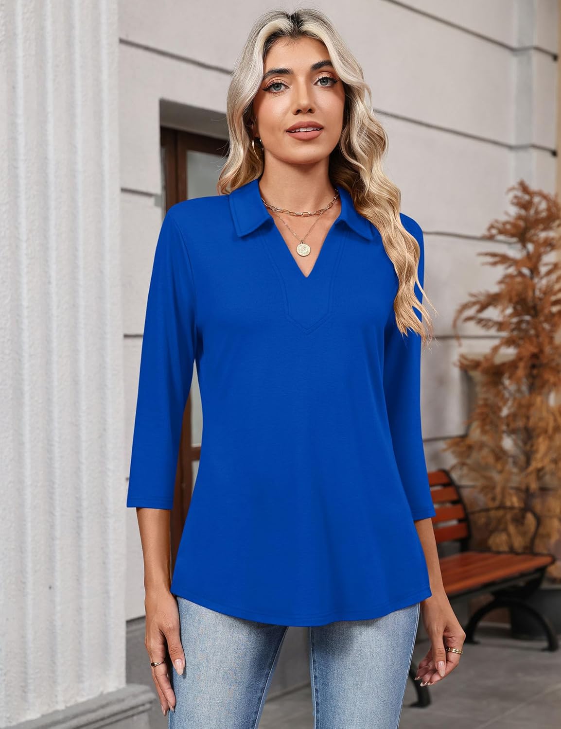 LOMON 3/4 Length Sleeve Womens Tops 2026 Spring Summer Collared Polo Shirts V Neck Casual Basic Polos Tees Shirt - Image 2