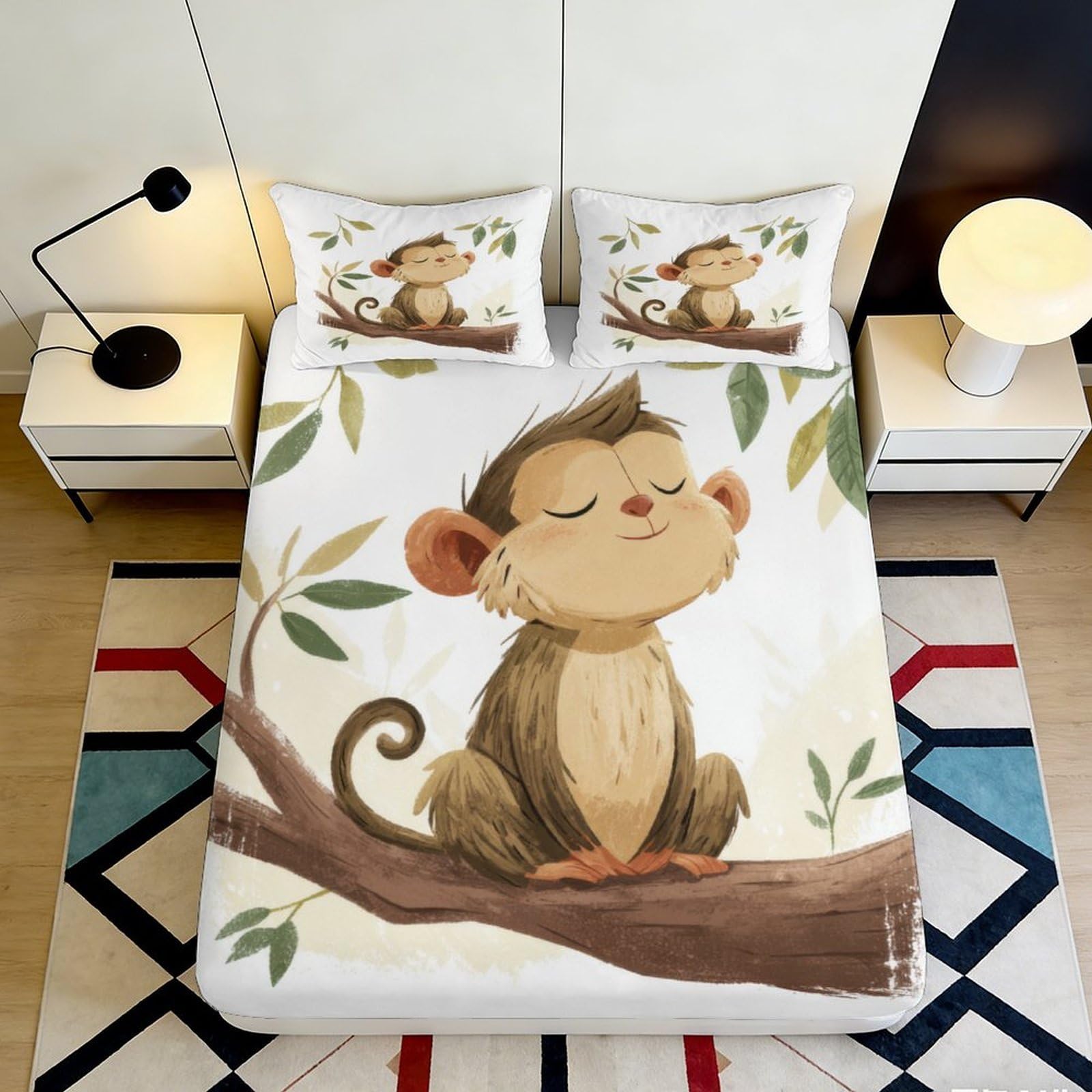 3D Printed Monkey Cartoon Fitted Sheet Microfiber Soft Breathable Animal Print Bed Cover for Bedroom Dormitory Guest Room Mattress Protection 180x200x25cm