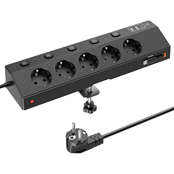 Passus Table Socket Power Strip with 2 USB C (PD 30 W), 5-Way Multiple Socket Desk with Surge Protection &amp; Individually Switc