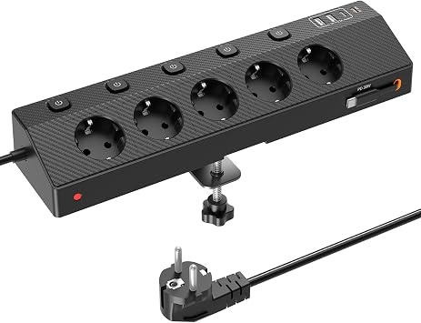 Passus Table Socket Power Strip with 2 USB C (PD 30 W) 5-Way Multiple Socket Desk with Surge Protection & Individually Switchable 10-in-1 Corner Socket with 2 m Cable for Office Black