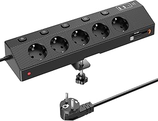 Tischsteckdose Steckdosenleiste mit 2 USB C (PD 30W), PASSUS 5 Fach Mehrfachsteckdose Schreibtisch mit Überspannungsschutz & Einzeln Schaltbar, 10-in-1 Ecksteckdose mit 2M Kabel für Büro, Schwarz