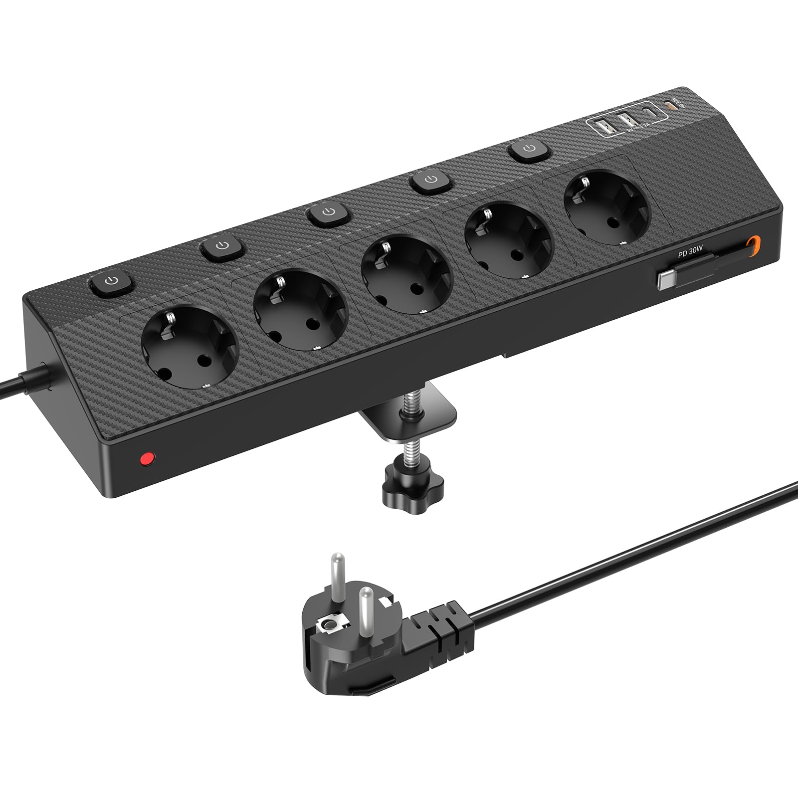 Tischsteckdose Steckdosenleiste mit 2 USB C (PD 30W), PASSUS 5 Fach Mehrfachsteckdose Schreibtisch mit Überspannungsschutz & Einzeln Schaltbar, 10-in-1 Ecksteckdose mit 2M Kabel für Büro, Schwarz