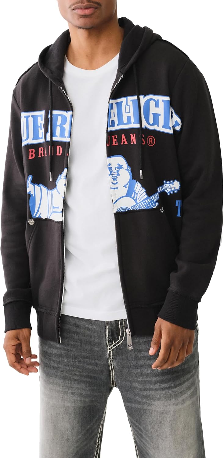 True Religion Men's Raw Exaggerated Icon Zip Up Hoodie