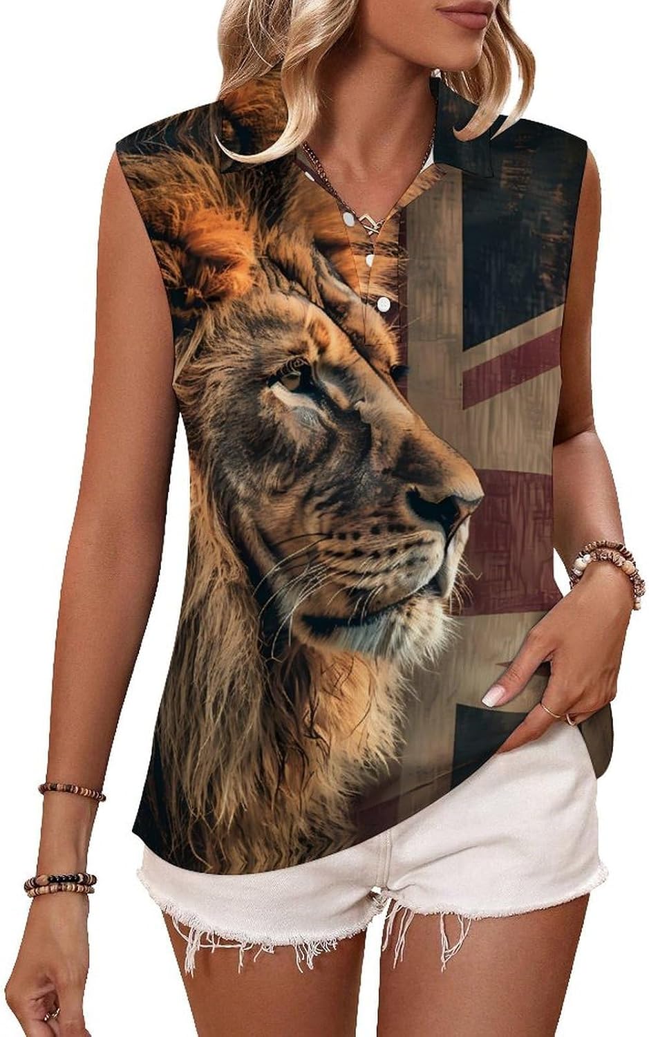 Lion with UK Flag Women Sleeveless Collared Golf Polo Shirt | V Neck Tank Top,Breathable Tennis Shirts