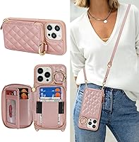 Vista 1 de Funda tipo cartera con bandolera para iPhone 15 Pro Max, funda de piel sintética con cierre de cremallera, funda tipo atril con ranuras para Oro Rosa