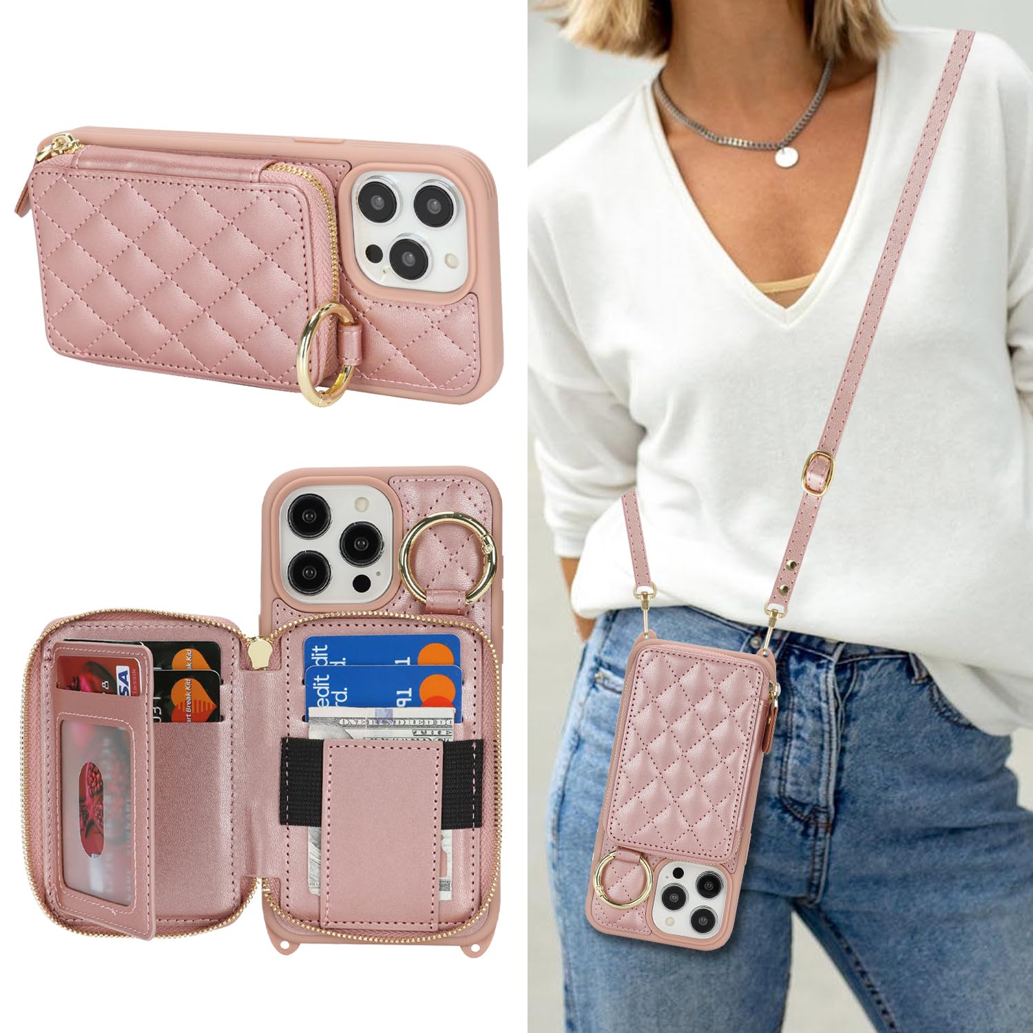 Hamany Crossbody Wallet Case for iPhone 13 Pro Max, PU Leather Zipper Handbag Purse Flip Cover, Kickstand Folio Case with Card Slots Holder Wrist