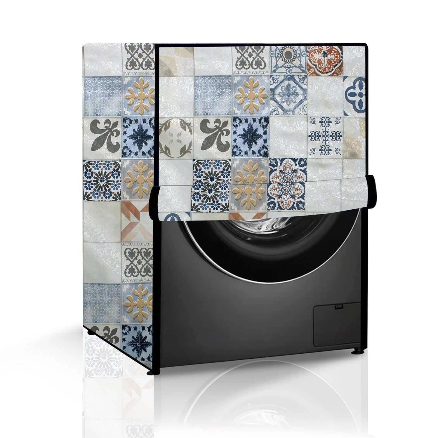 The Furnishing Tree Fully Automatic Front Load Washing Machine Cover | Waterproof & Dustproof | Easy to Clean | Inlet & Outlet Pipe Provision | Durable & Wipeable, Mosaic Cream, PVC, (63x63x86 CM)