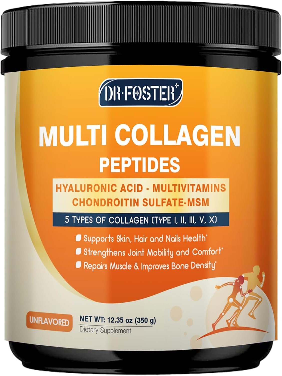 DRFOSTER Multi Collagen Peptides Powder for Women Men with MSM + CS & D3 – Type I, II, III, V, X Hydrolyzed Collagen with Vitamin C & Hyaluronic Acid for Skin Hair Nails & Joint, Non-GMO, 35 Servings