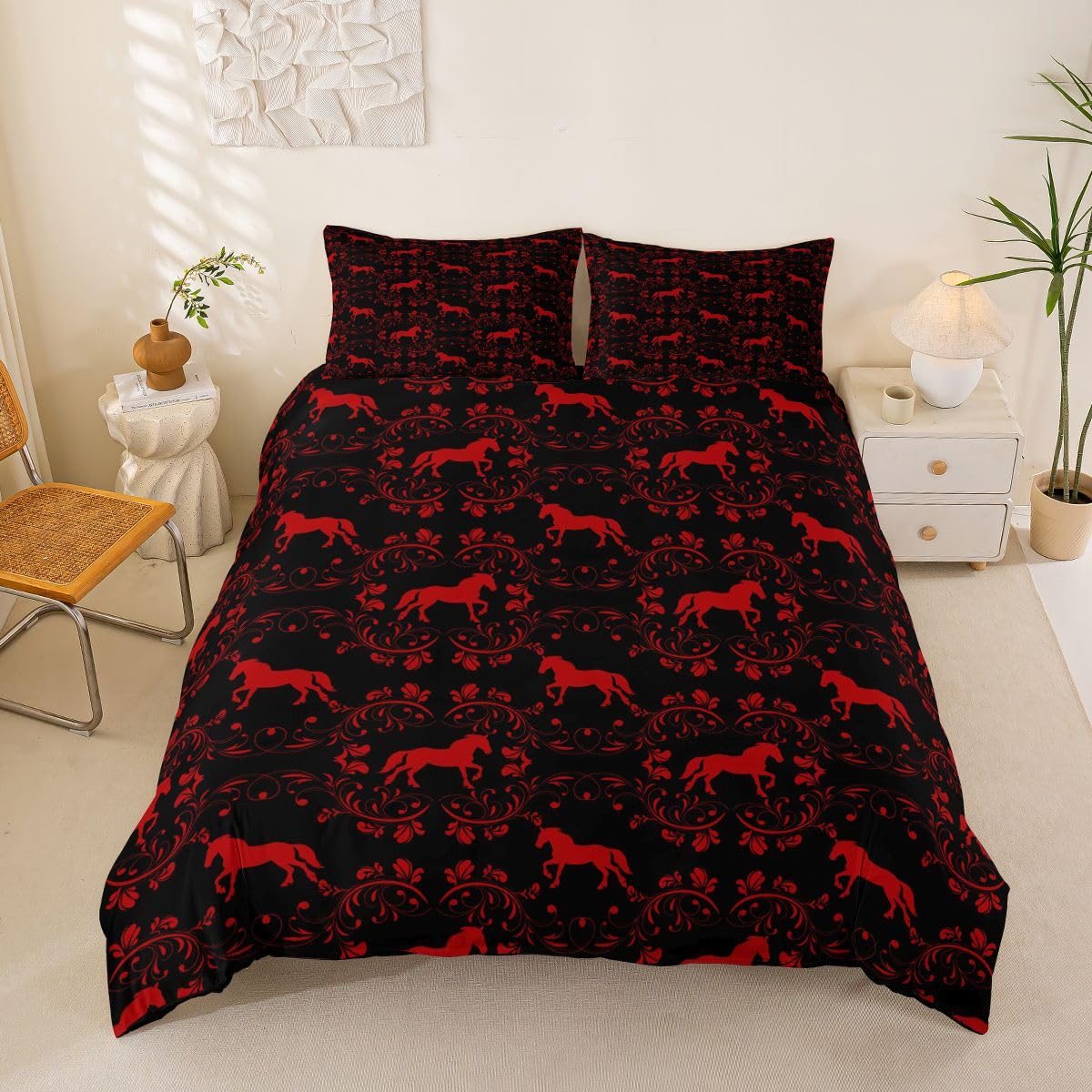 Homemissing Red Horse Silhouette Duvet Cover Set Cot Size for Kids Boys Girls Damask Horse Bedding Set Western Gifts for Equestrian Duvet Cover with 1 Pillowcase Gothic Vintage Damask Floral Bedding — image 1