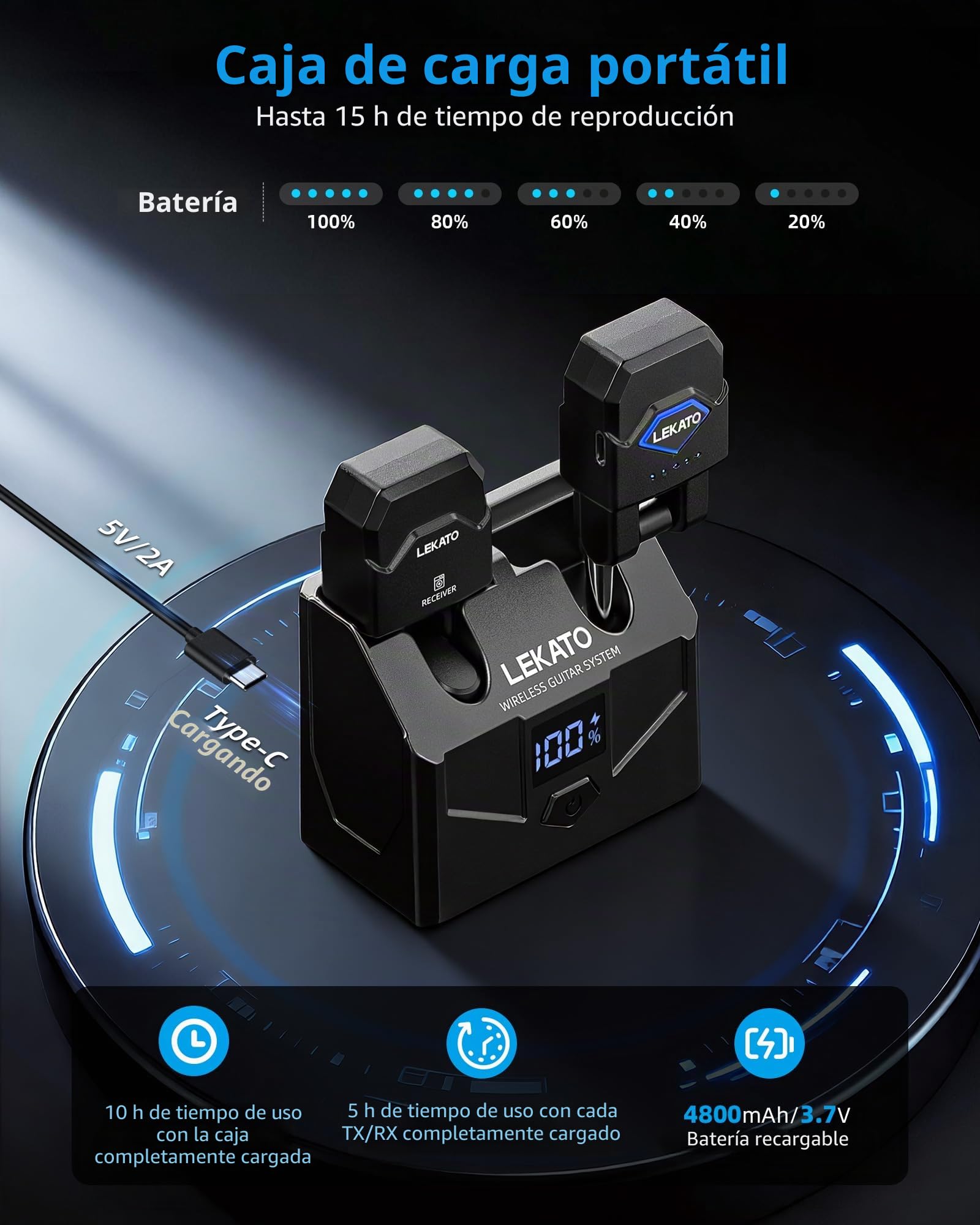 LEKATO Sistema de guitarra inalámbrico con estuche de carga, receptor transmisor de guitarra con 15 horas de reproducción, cable de bajo inalámbrico recargable con 4 canales para bajo de guitarra
