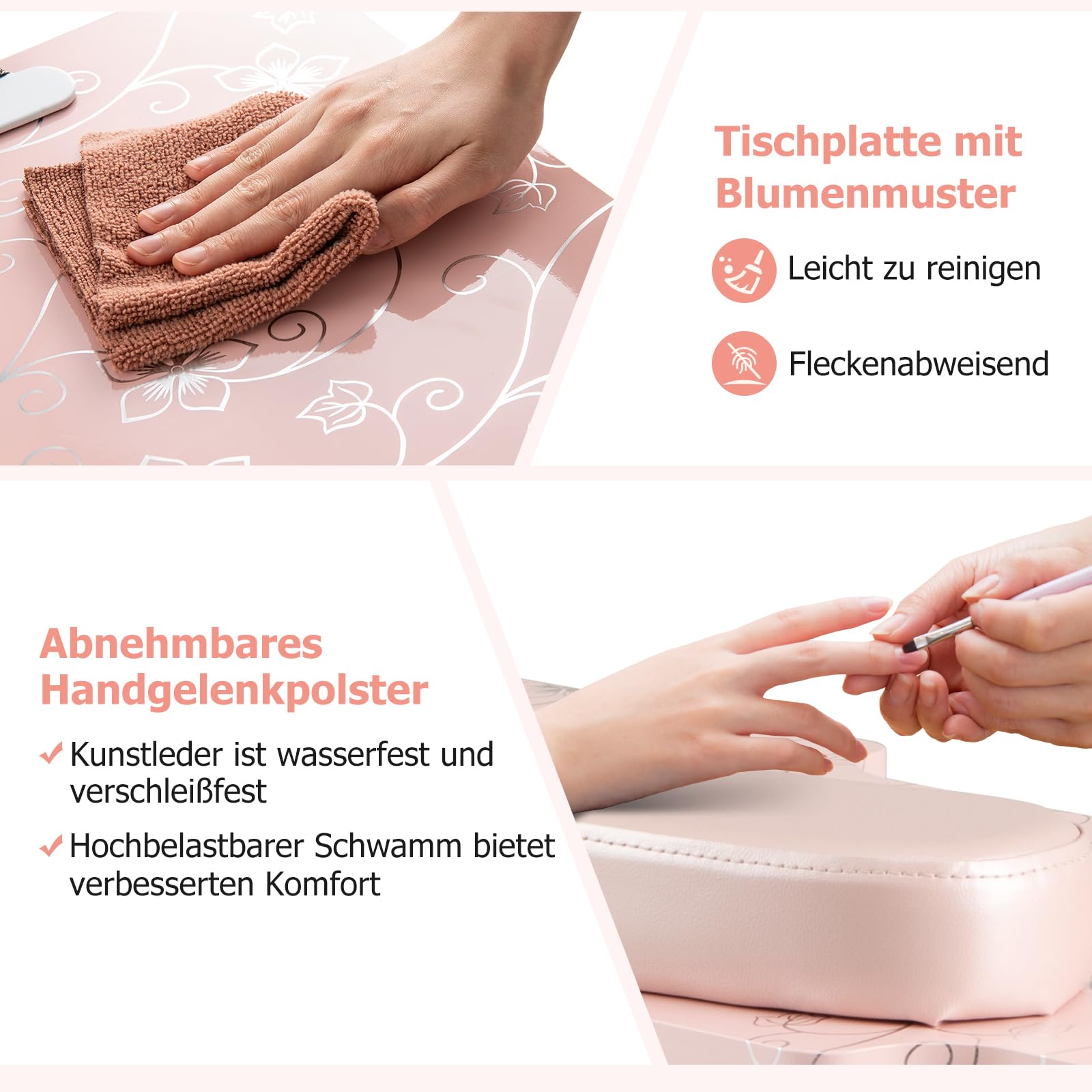 COSTWAY Mesa de manicura Plegable, Mesa de uñas con colector de Polvo eléctrico, lámpara LED, reposamuñecas y Ruedas, Mesa de manicura Efecto mármol, Incluye Bolsa de Transporte (Rosa)