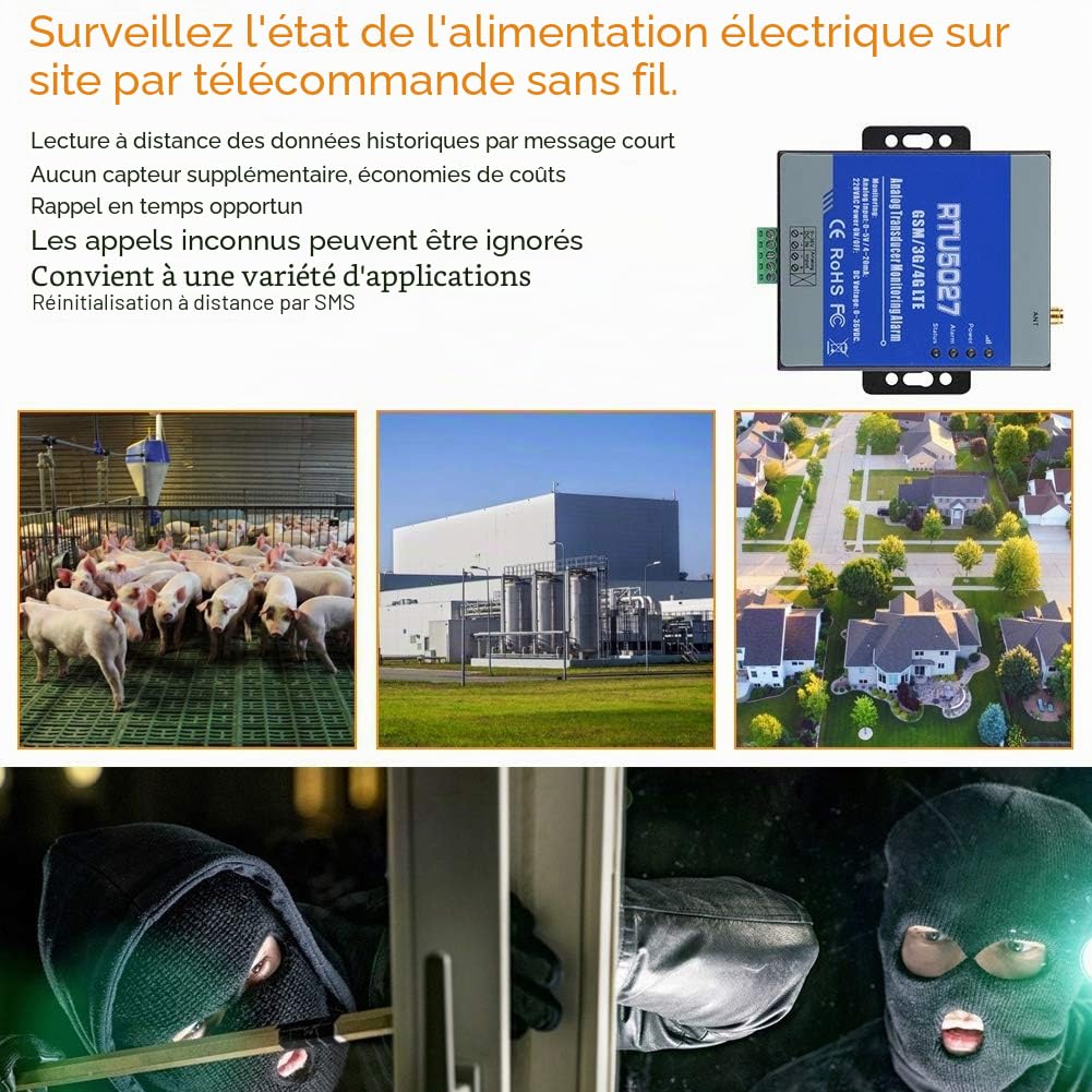 Sonew RTU5027 Système D'alarme de Panne de Courant de GSM, Alarme de Surveillance de Statut de Circuit de Tension de Défaut de Circuit sans Fil de GSM 3g/4g LTE 100-240v(EU)