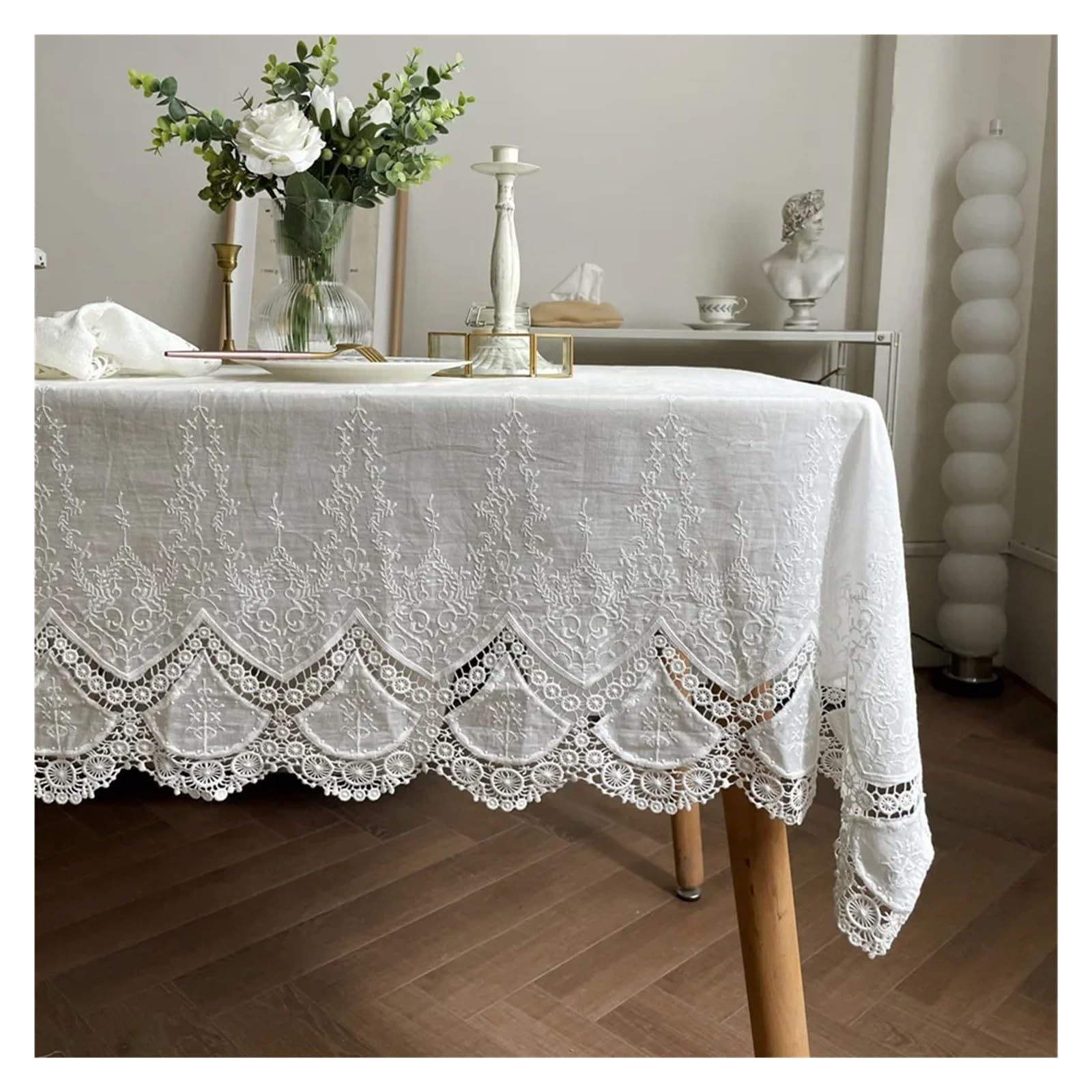 Mantel de Navidad White Lace Flower Embroidery Cotton Tablecloth Luxurious Table Cover For Wedding Party Decoration Feast Cloth(135x200cm)