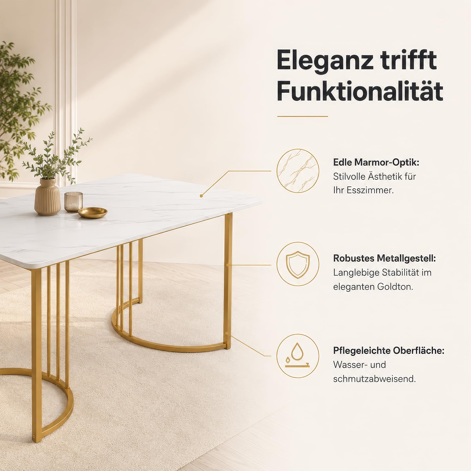 Esstisch 140 x 80 cm Weiß Gold, moderner Küchentisch mit Marmor-Optik, rechteckiger Esszimmertisch aus MDF mit Metallgestell, verstellbare Füße, für Esszimmer, Küche, Wohnzimmer