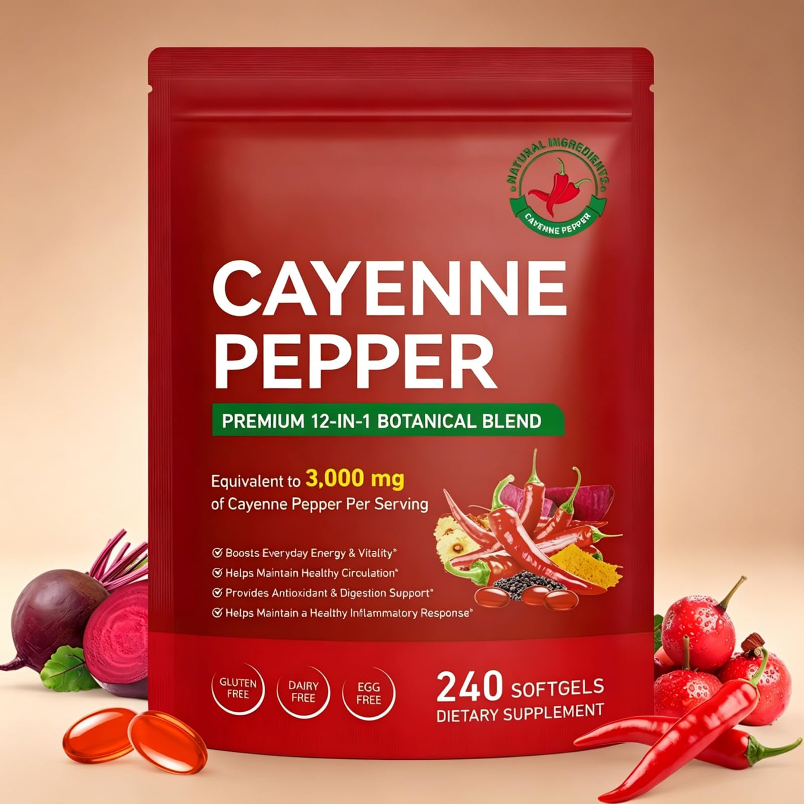 Cayenne Pepper Softgels, 240 Count (80 Days Supply) | with Beetroot, Hawthorn & D3+K2 for Cardiovascular, Circulation & Antioxidant Health 1 Count (Pack of 1)