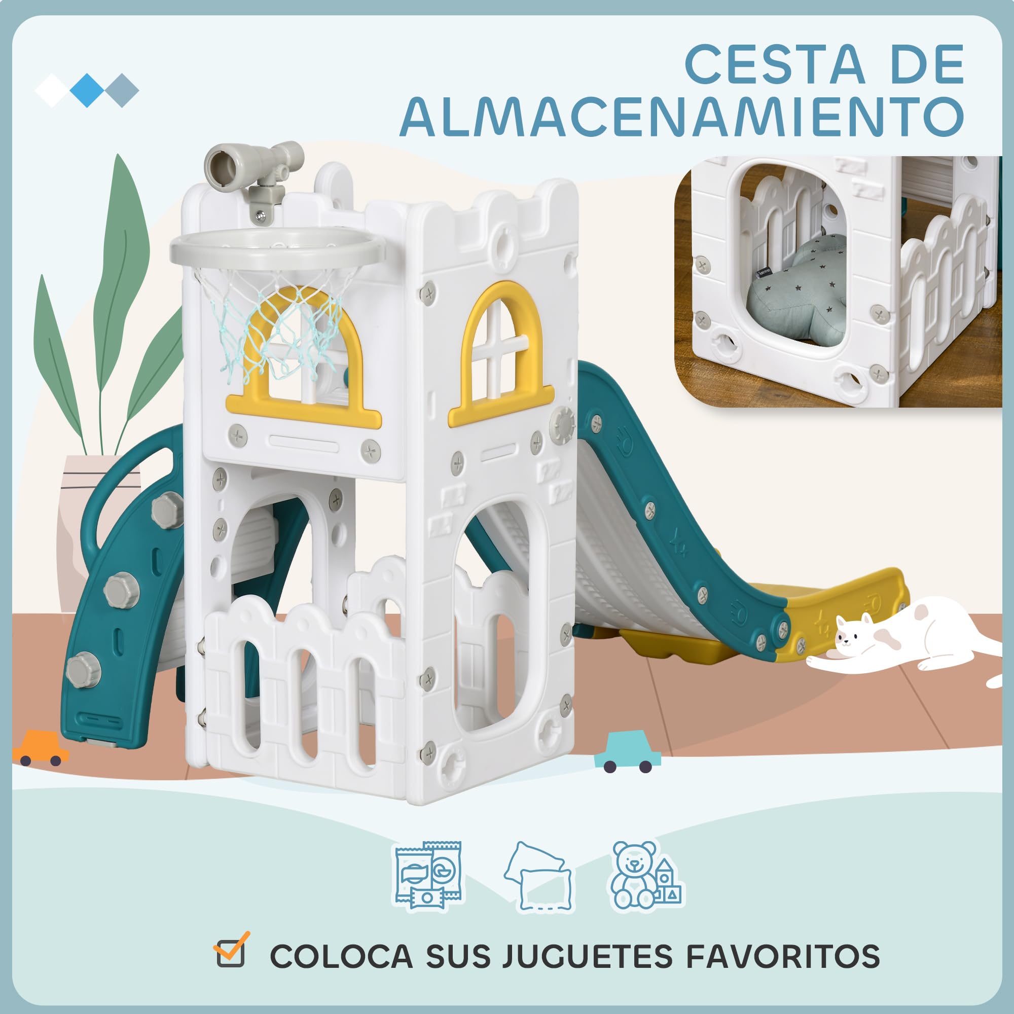 AIYAPLAY Tobogán Infantil 5 en 1, Tobogán para Niños de 1-3 Años con Aro de Baloncesto, Telescopio, Escalador y Cesta Inferior, para Interior y Exterior, Amarillo y Verde