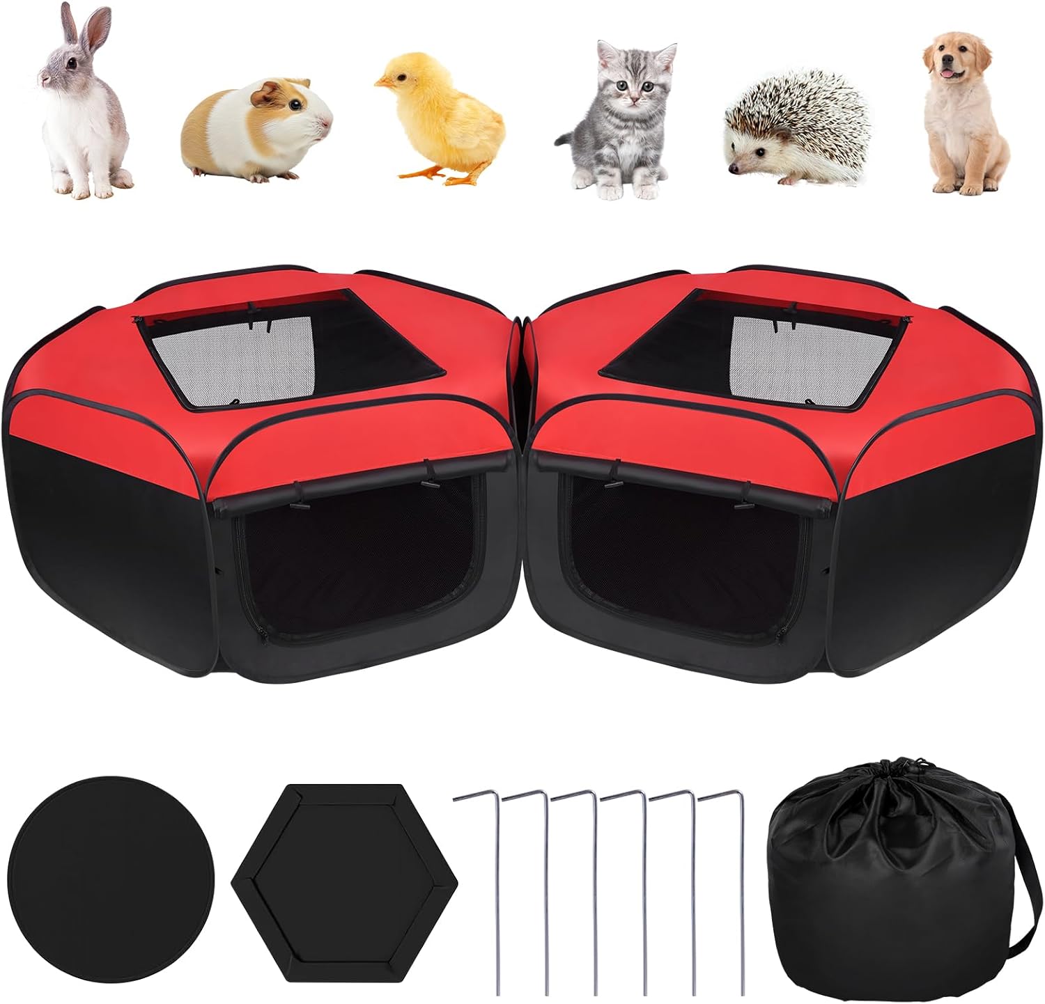 Small Animals Playpen, 2 Pcs Removable Pop-up Chicken Brooder Box with Cover & Zippers, Breathable Foldable Dog Cat Playen Chicken Run Coop Indoor Outdoor for Chick, Rabbits, Kittens, Puppies