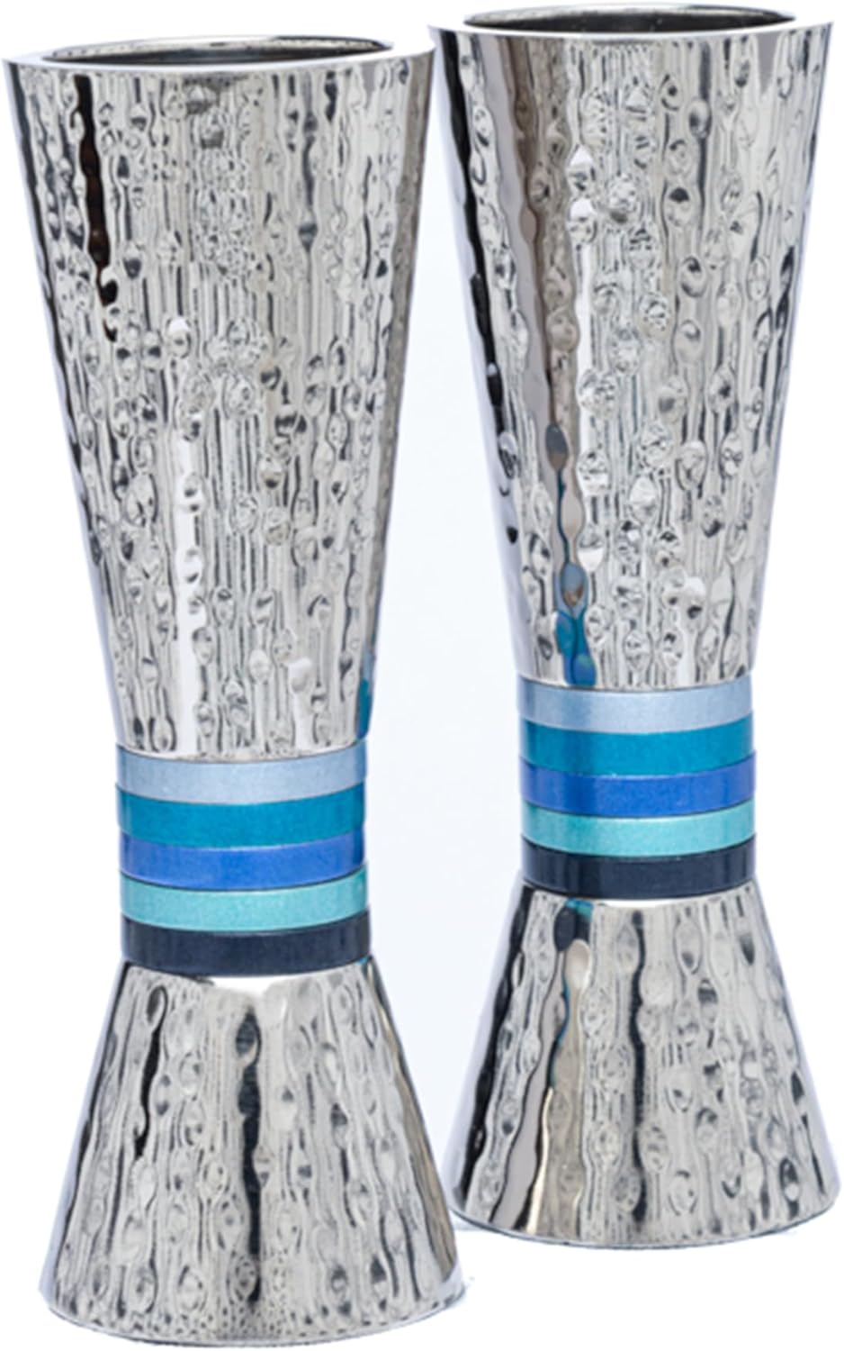 Yair Emanuel Cone Shaped Hammered Nickel Candlesticks Designed Colored Rings (Blue Rings)