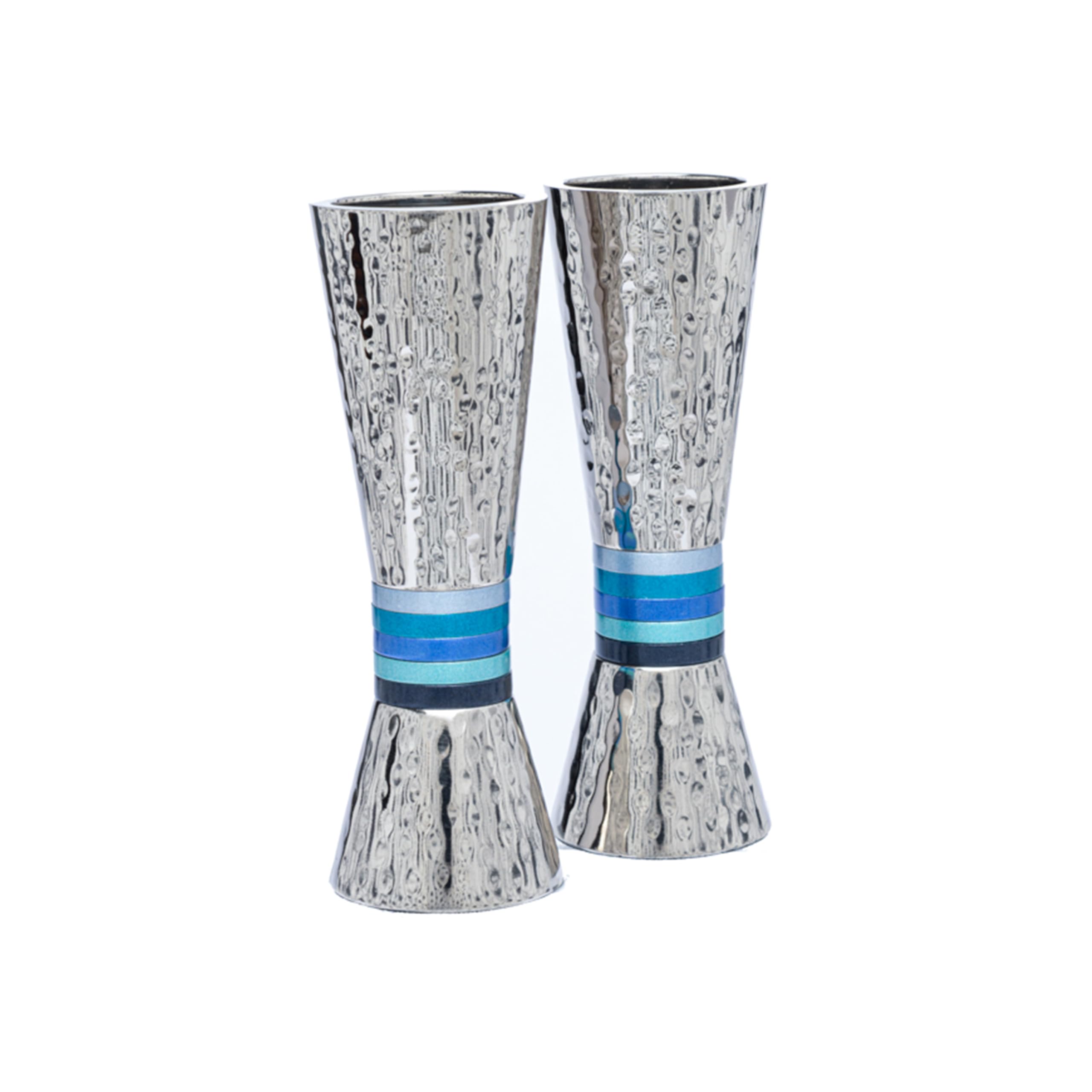 Yair Emanuel Cone Shaped Hammered Nickel Candlesticks Designed Colored Rings (Blue Rings)