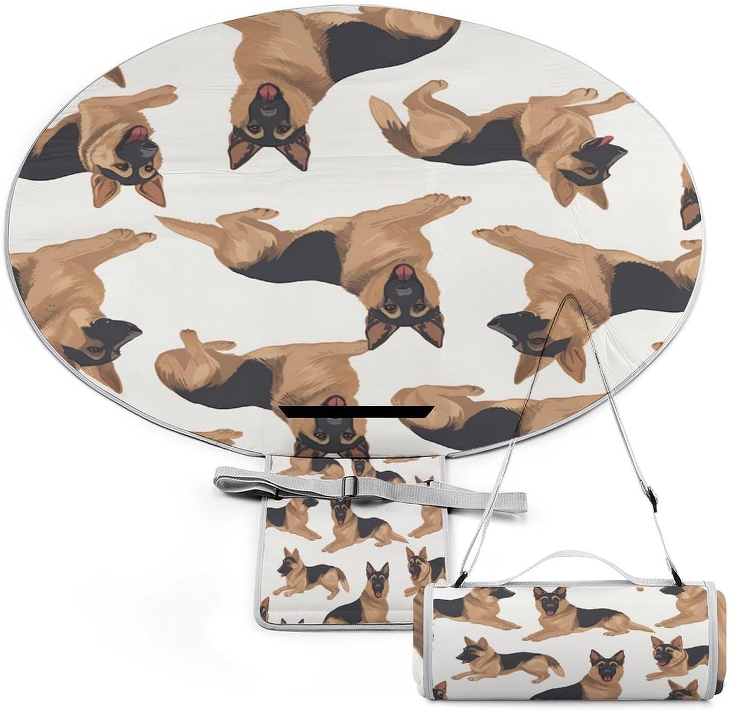 German Shepherd Round Outdoor Picnic Mat Foldable Waterproof Beach Camping Blanket Outdoor Rug with Sponge Padding