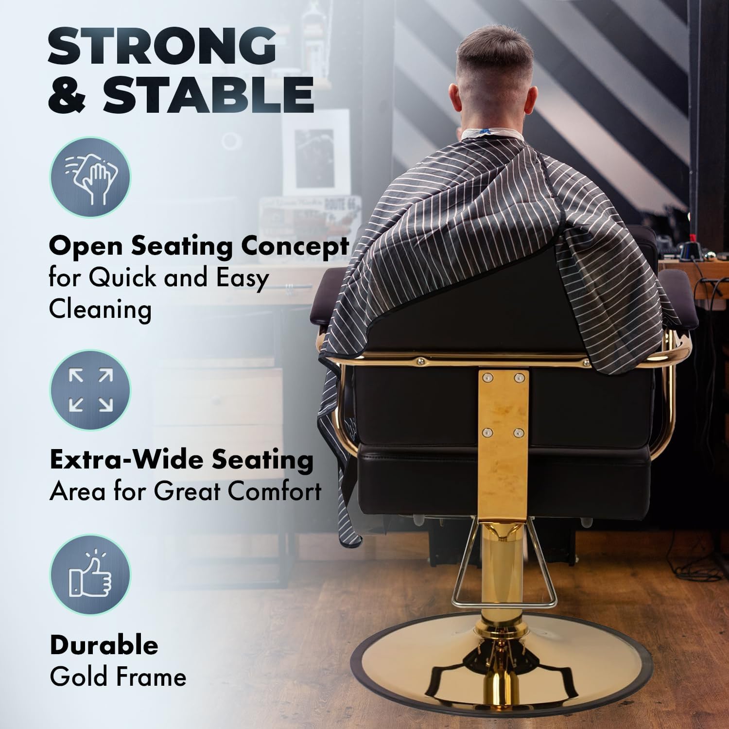 Buy-Rite Victoria Styling Chair for Professional Salons and Barbers, Gold Frame, Smooth All Black Premium Vinyl with Detailed Stitching, Hydraulic Pump, NIN-5506
