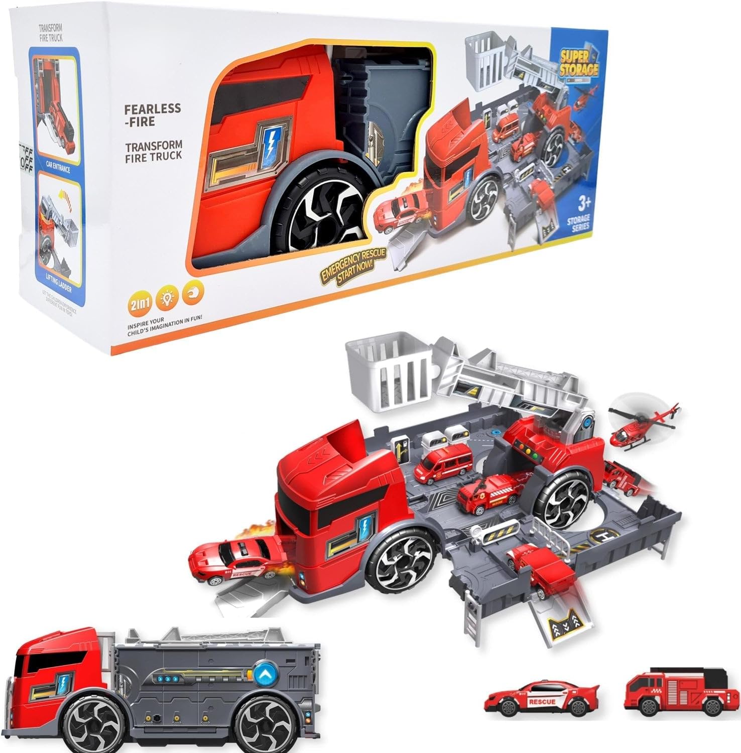 – Fitto 2 In 1 Large Firefighter Truck and Fire Station and 2 Die Cast Cars