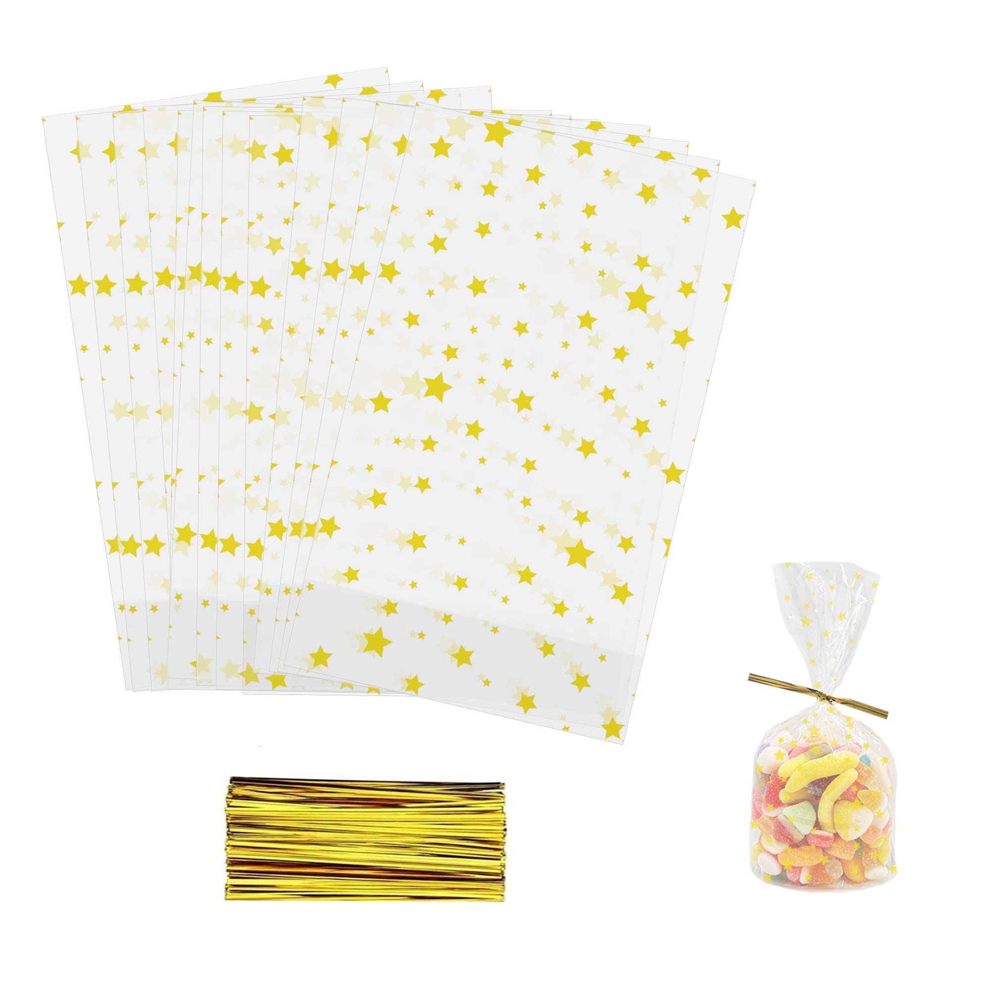 100 Stück Durchsichtige Cellophantüten groß 25x15 cm Süßigkeiten Geschenkbeutel mit 100 bunten Krawatten Geeignet klarsichttüten für Süssigkeit Chocolate Brot (A-25x15cm-100pcs)