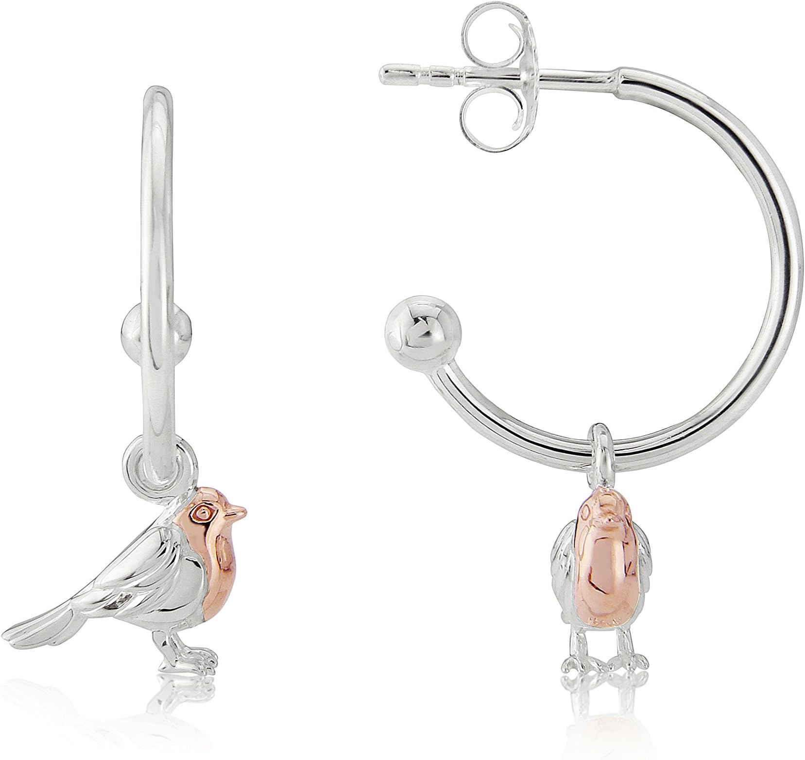 Solid 925 Sterling Silver Robin Bird Hoop Earrings with 14ct Rose Gold Breast