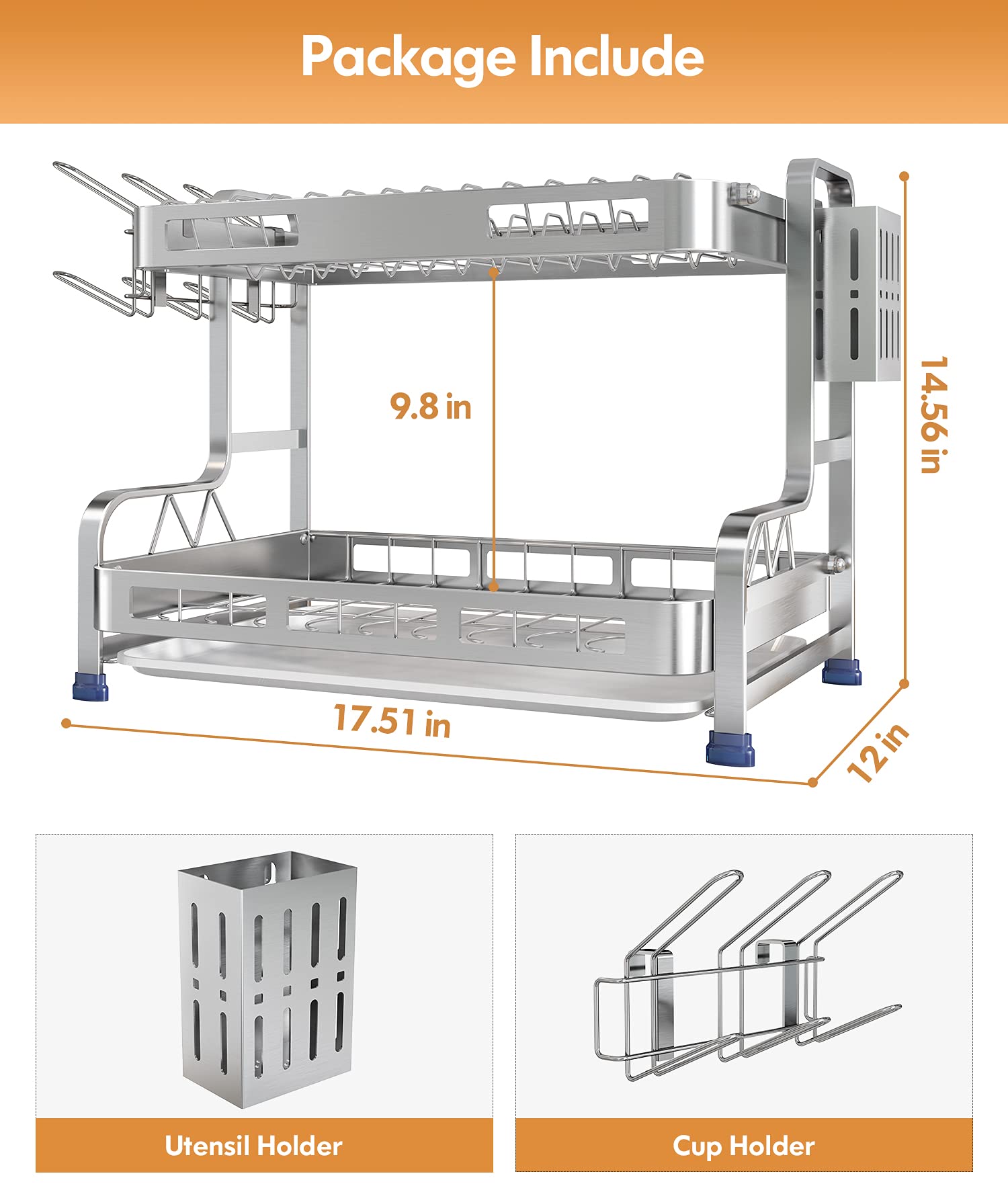 304 Stainless Steel Dish Drying Rack, Boosiny 2 Tier Large Dish Rack and Drainboard Set with Utensil Holder, Cup Holder and Dish Drainer for Kitchen Counter Organizer Storage(Silver)